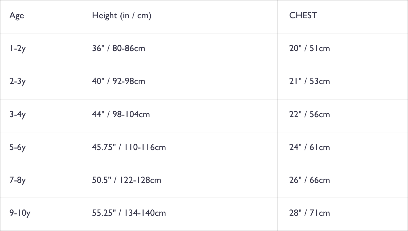 kids size guide