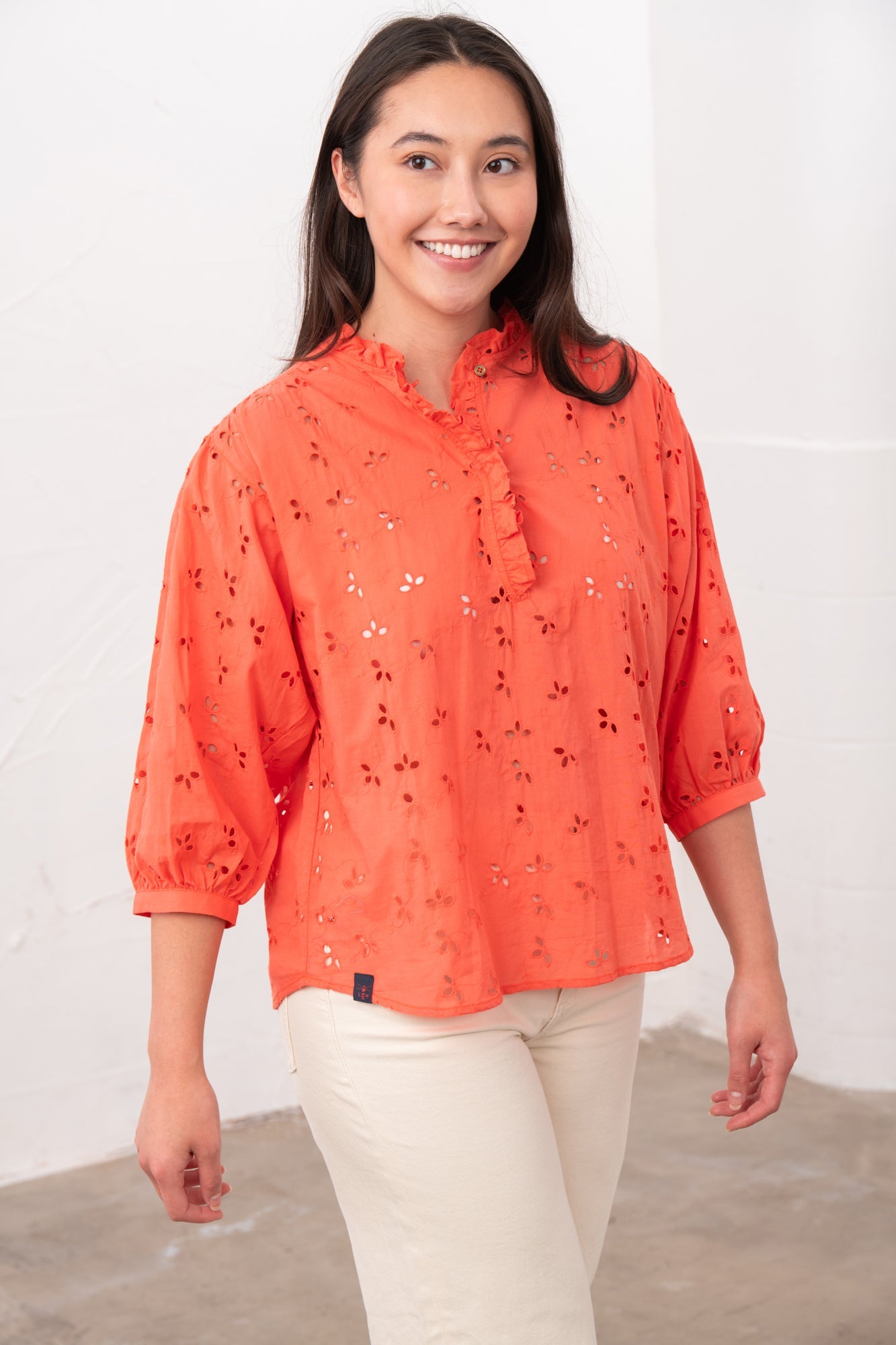 Thea Cotton Blouse - Coral Broderie Anglaise - Lighthouse