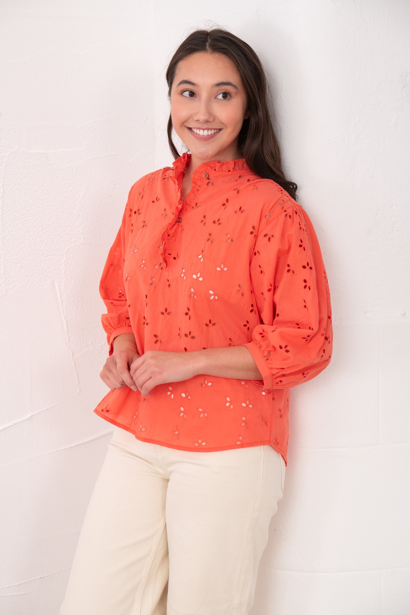Thea Cotton Blouse - Coral Broderie Anglaise - Lighthouse