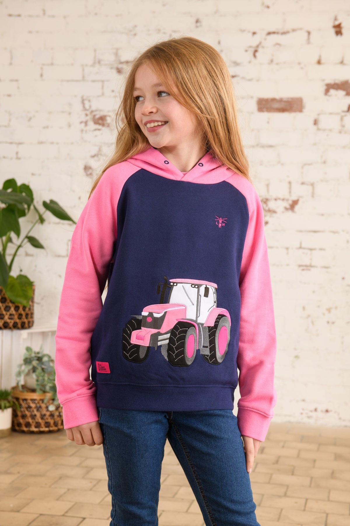 Jill Hoodie - Pink Tractor Appliqué-Lighthouse