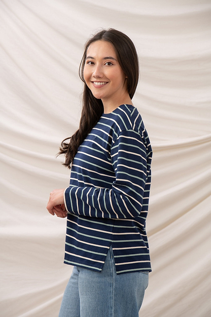 Causeway Breton Top - Navy Cream Sage Stripe - Lighthouse
