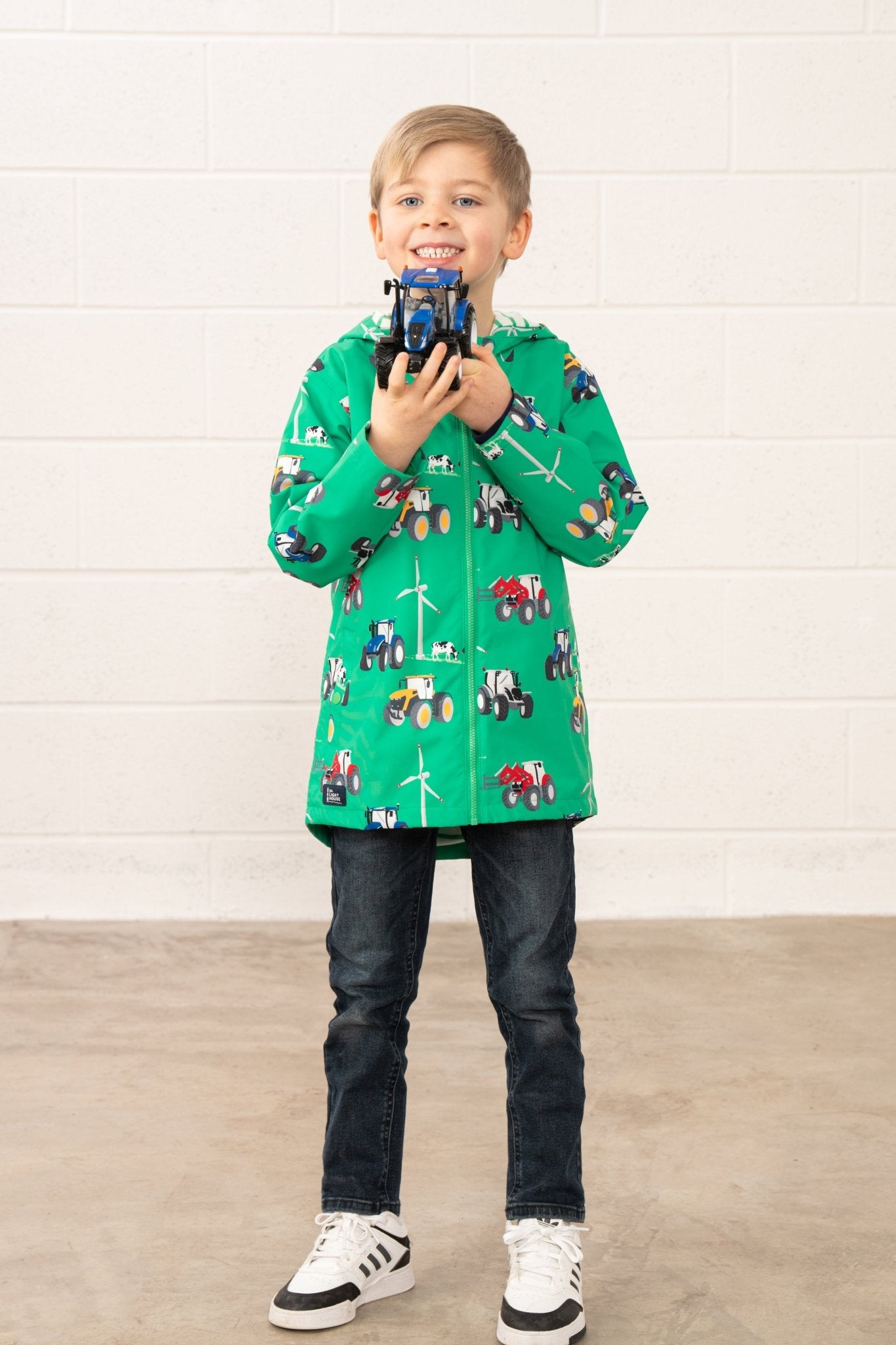 Ethan. Boys' Waterproof Jacket - Wind Turbine Print | Lighthouse