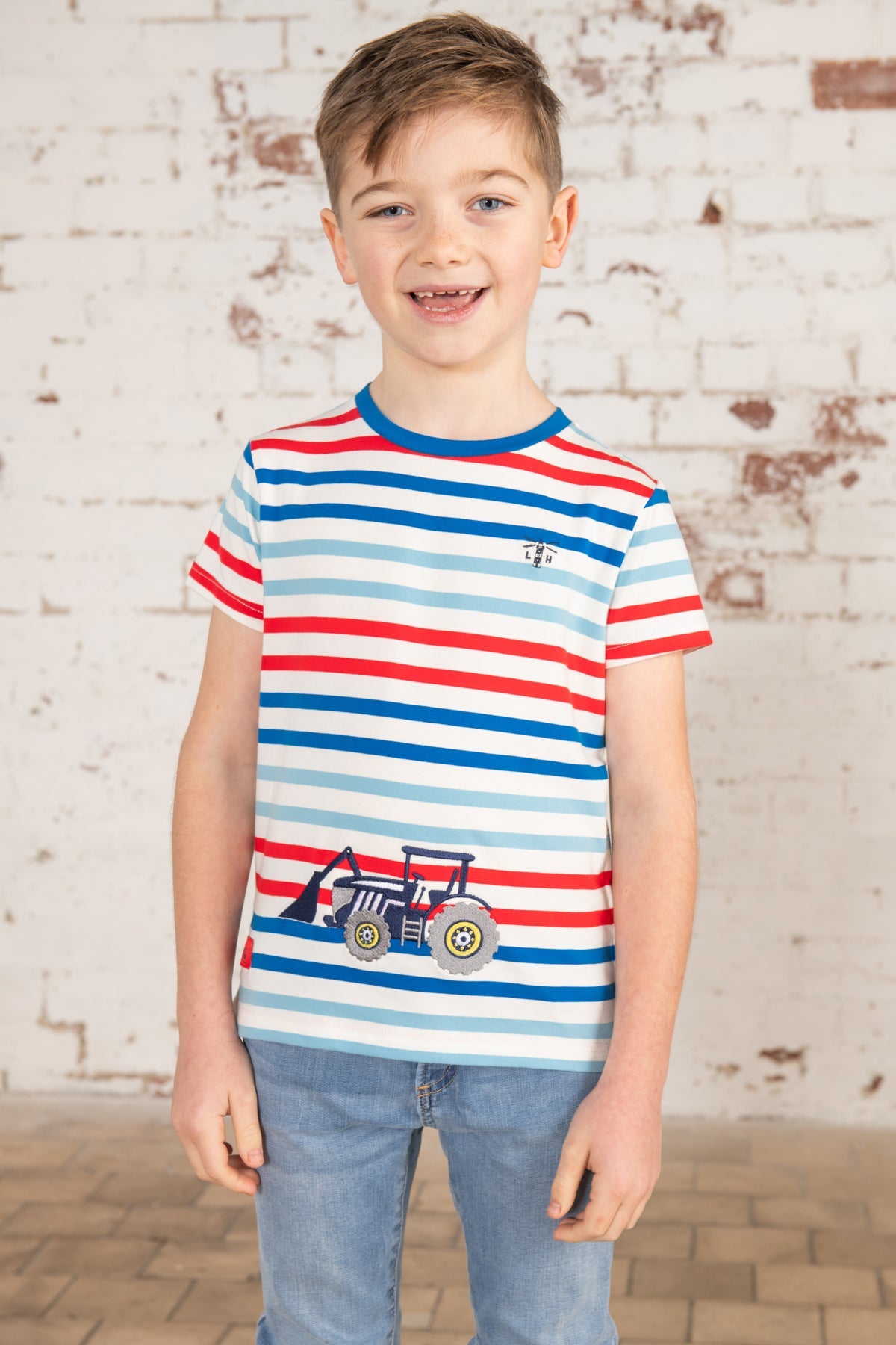 Oliver Short Sleeve Top - Red Blue Stripe Tractor - Lighthouse