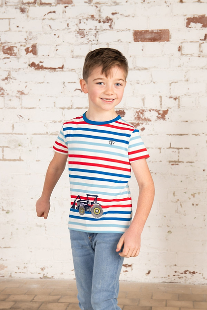 Oliver Short Sleeve Top - Red Blue Stripe Tractor - Lighthouse