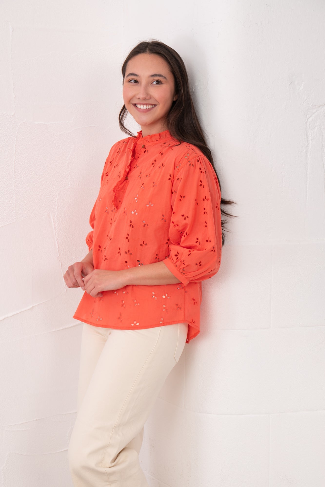 Thea Cotton Blouse - Coral Broderie Anglaise - Lighthouse