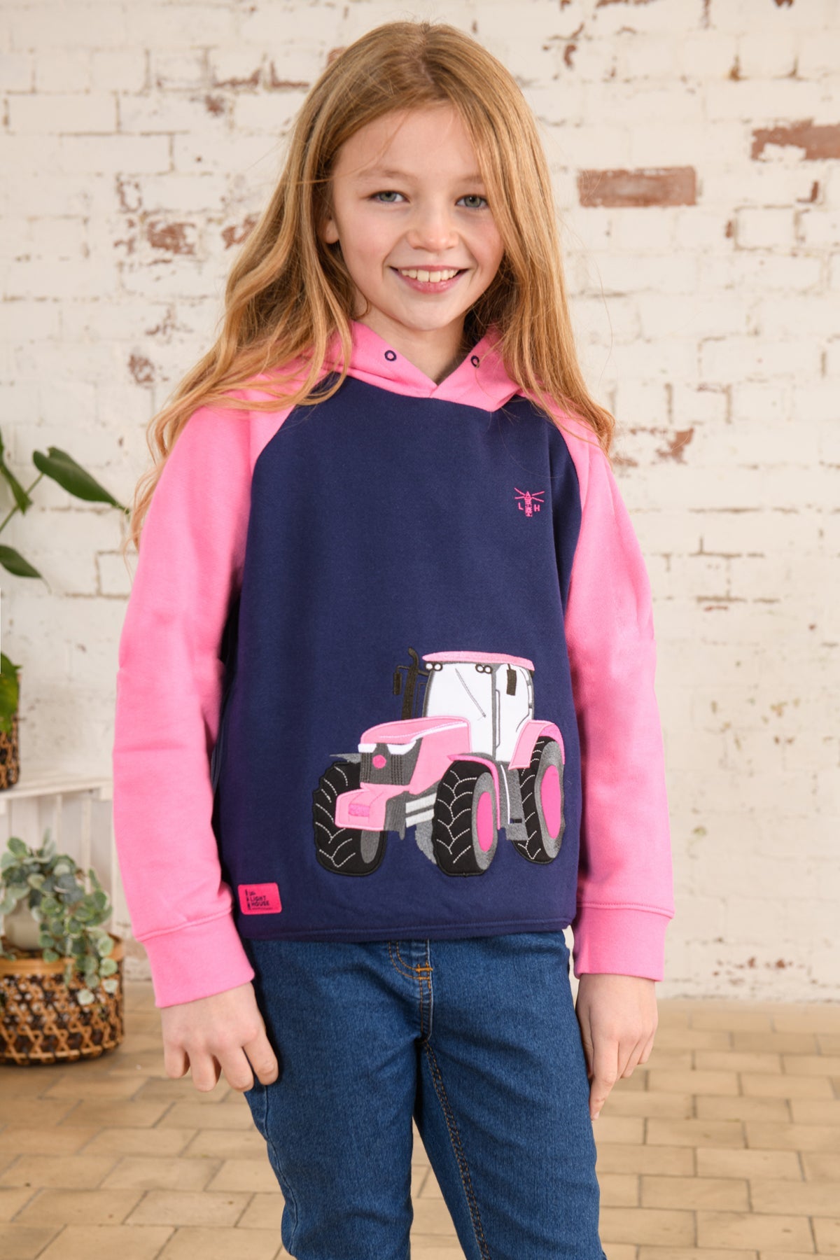 Jill Hoodie - Pink Tractor Appliqué-Lighthouse