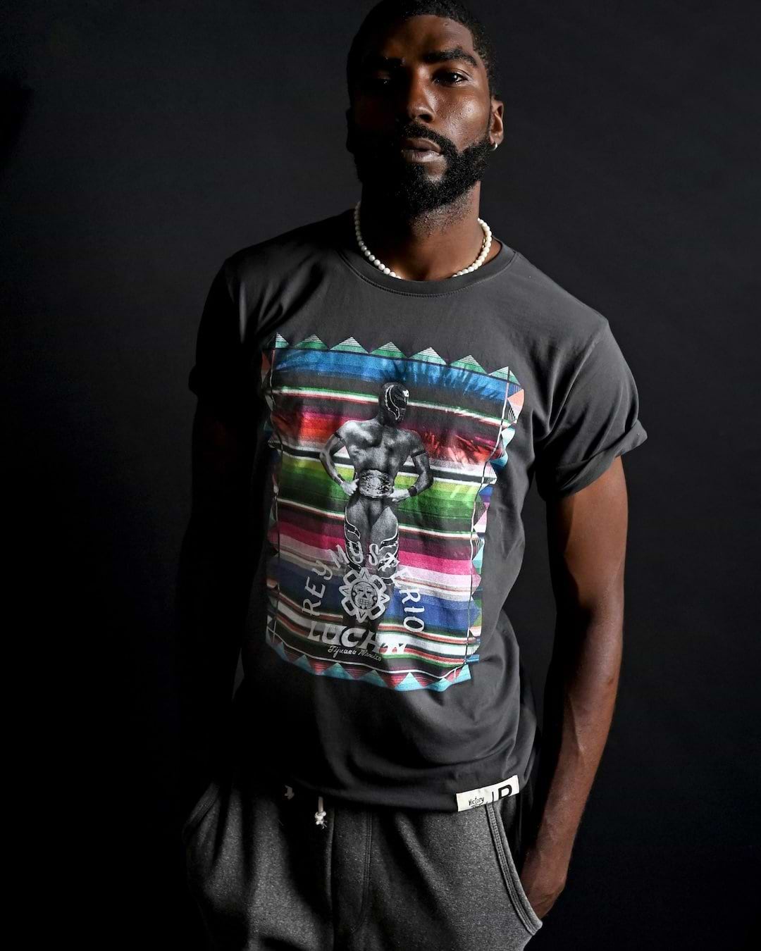 Rey Mysterio Serape Photo Black Tee - Roots of Fight Canada