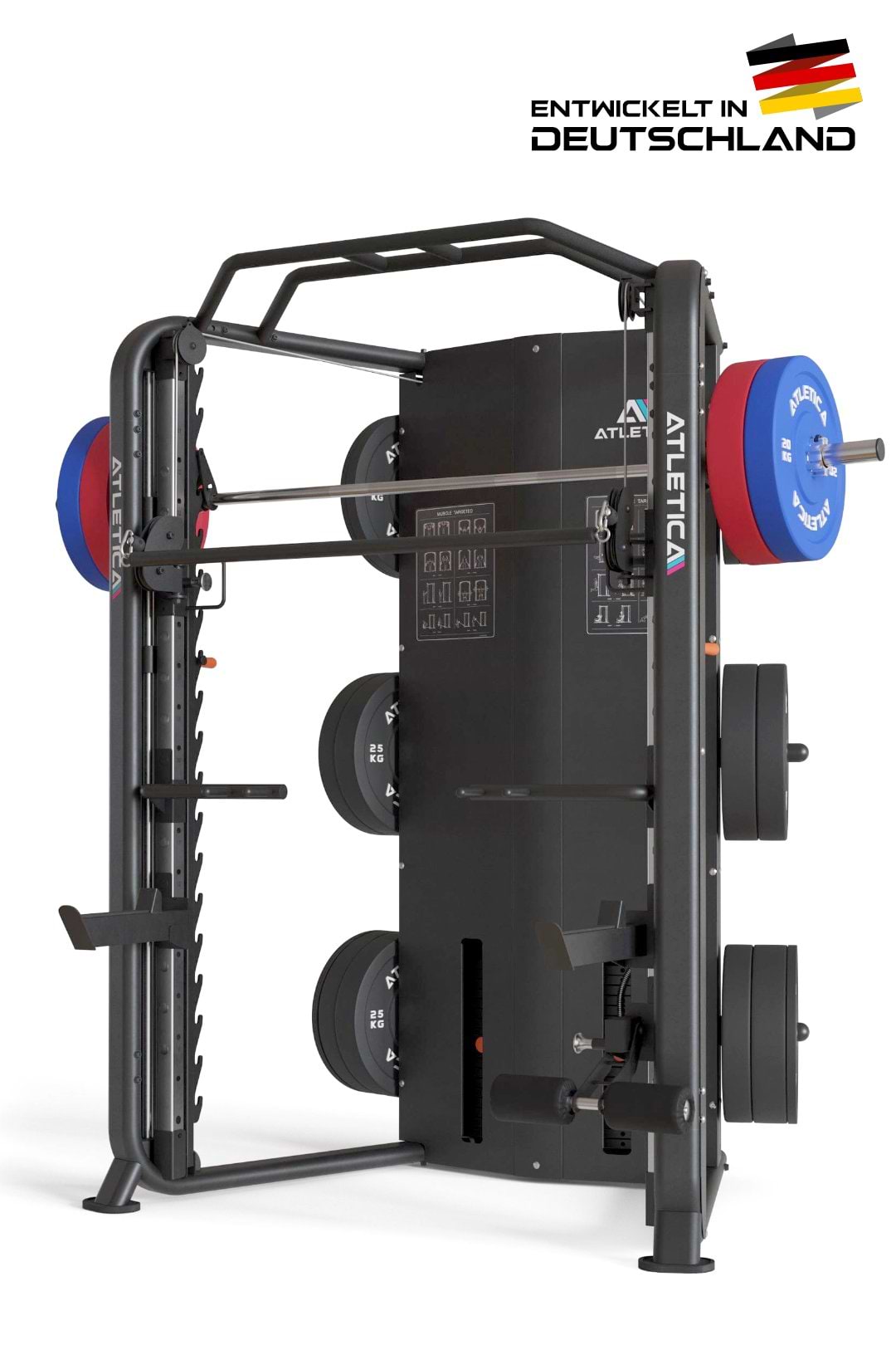 Kraftstation Premium Smith Maschine Multipresse, integrierte Führungsrollen, geringe Tiefe, 180 kg Steckgewichte, Longbar und Jammer Arms