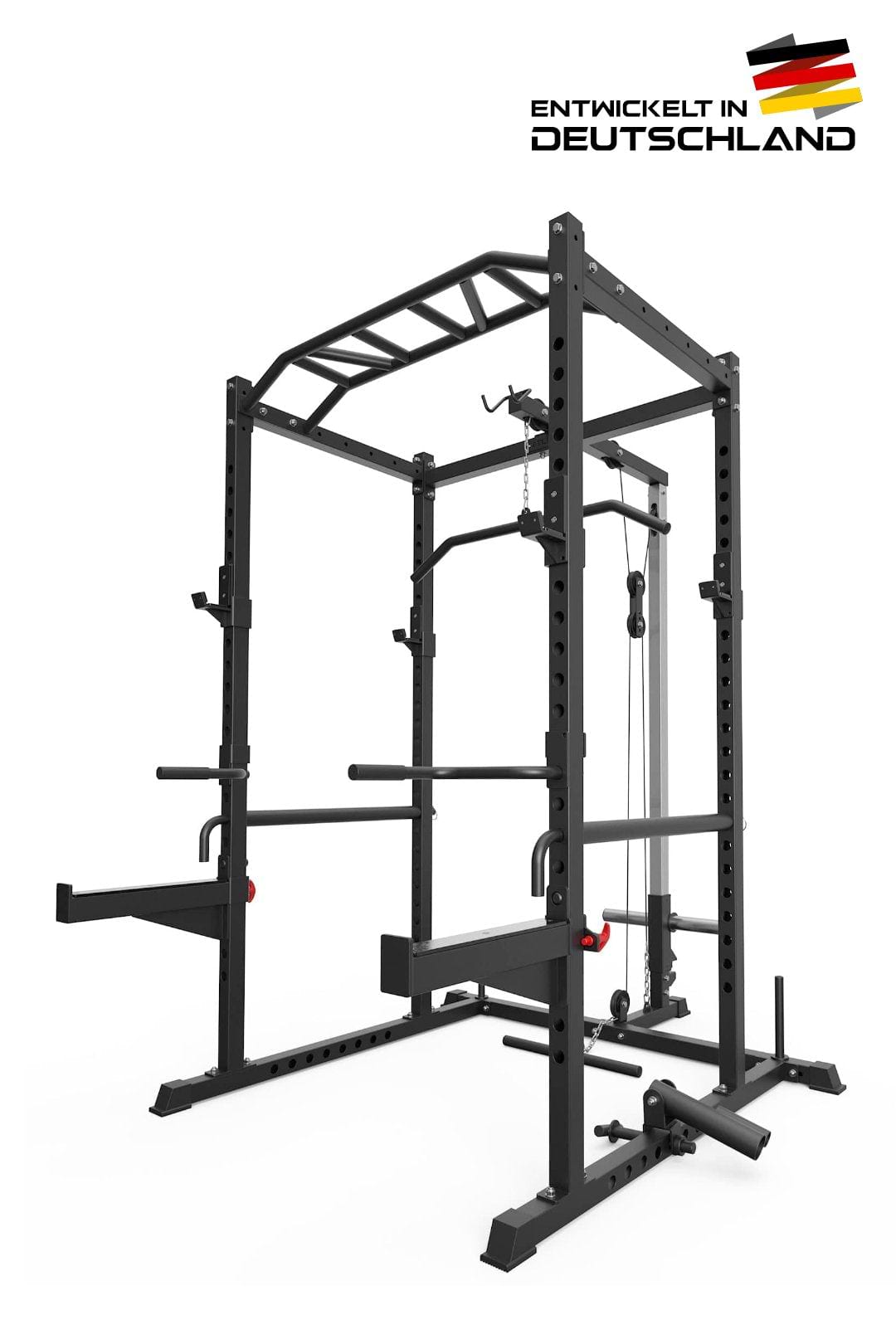 Power Rack R5 mit Vollausstattung inkl. Latzug, Pull-Up und Dip Bar, Safety Straps und Arme, J-Hooks und Weight-Pins, in schwarz