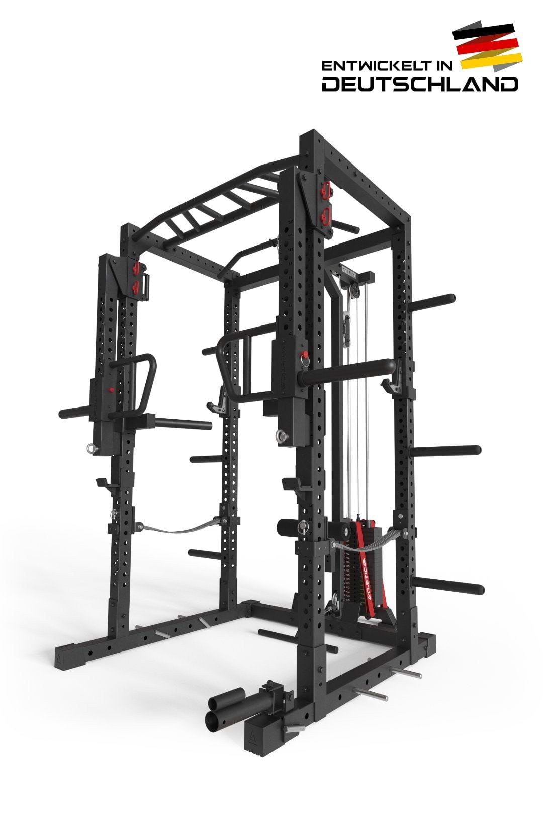 Power Rack R7, Latzug-Ruderstation, Jammer und Spotter Arme, Dip-Station, J-Hooks, Landmine, Weight Pins, Band Pegs, in schwarz