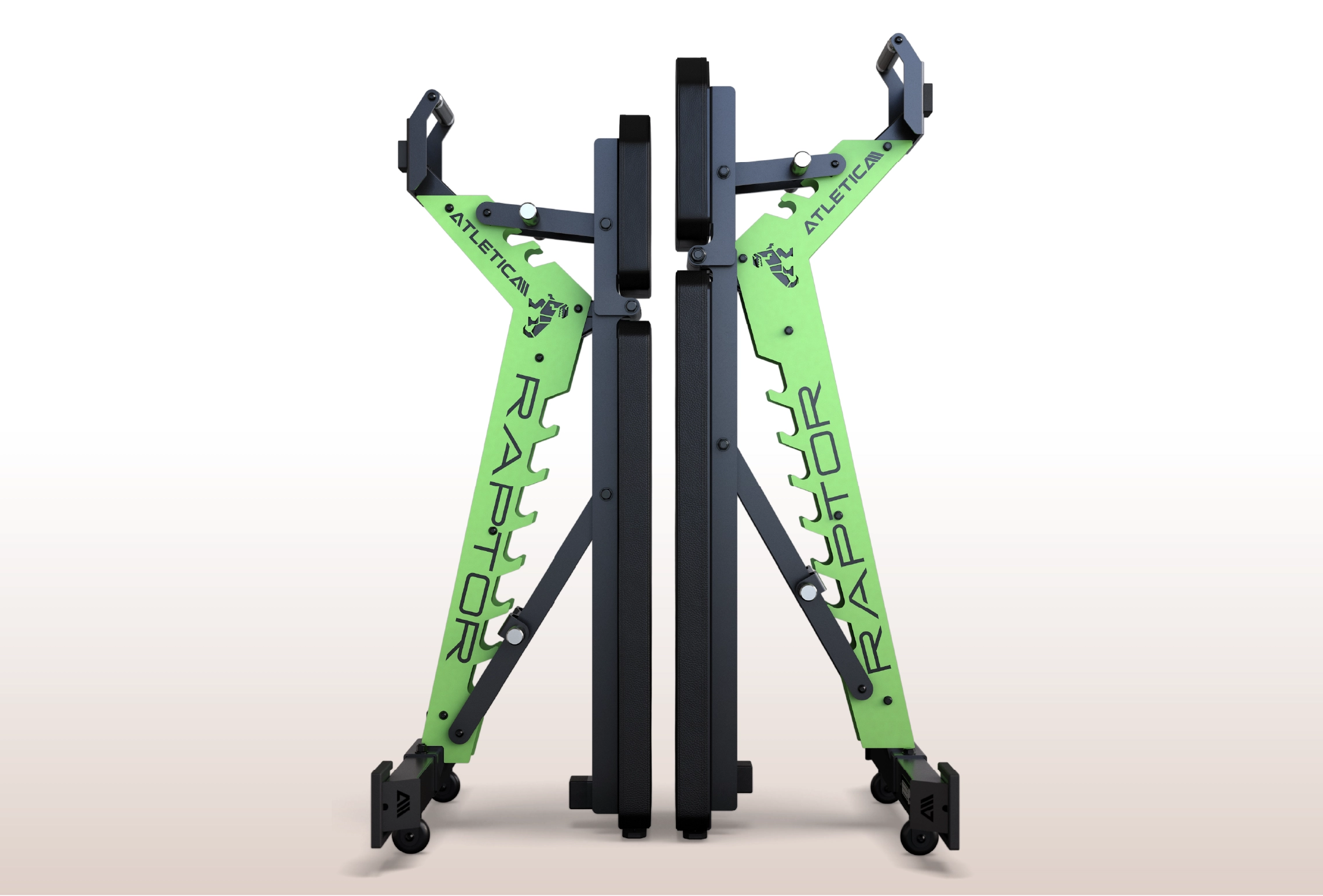 Atletica Raptor Hantelbank mit Electric Green Zahnplatte:  platzsparende vertikale Lagerung mit Pin-Locking-System
