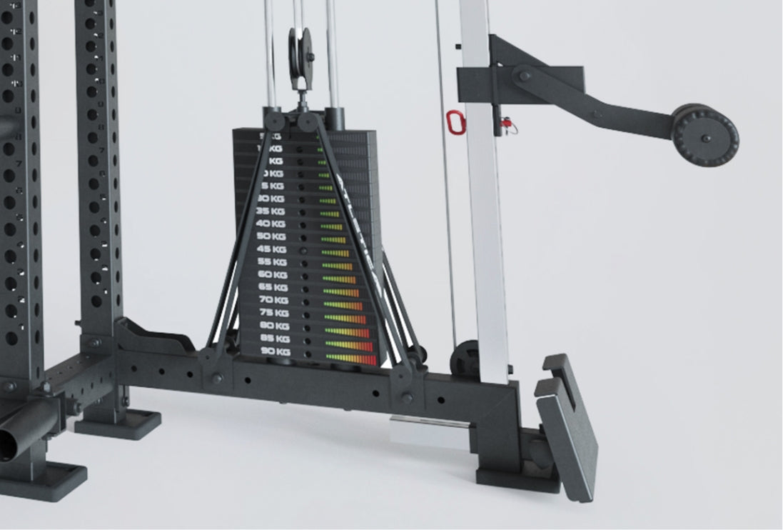Höhenverstellbar Kabelzug mit Fußstütze für Ruderübungen und einem 90 kg Gewichtsblock zur Feinjustierung