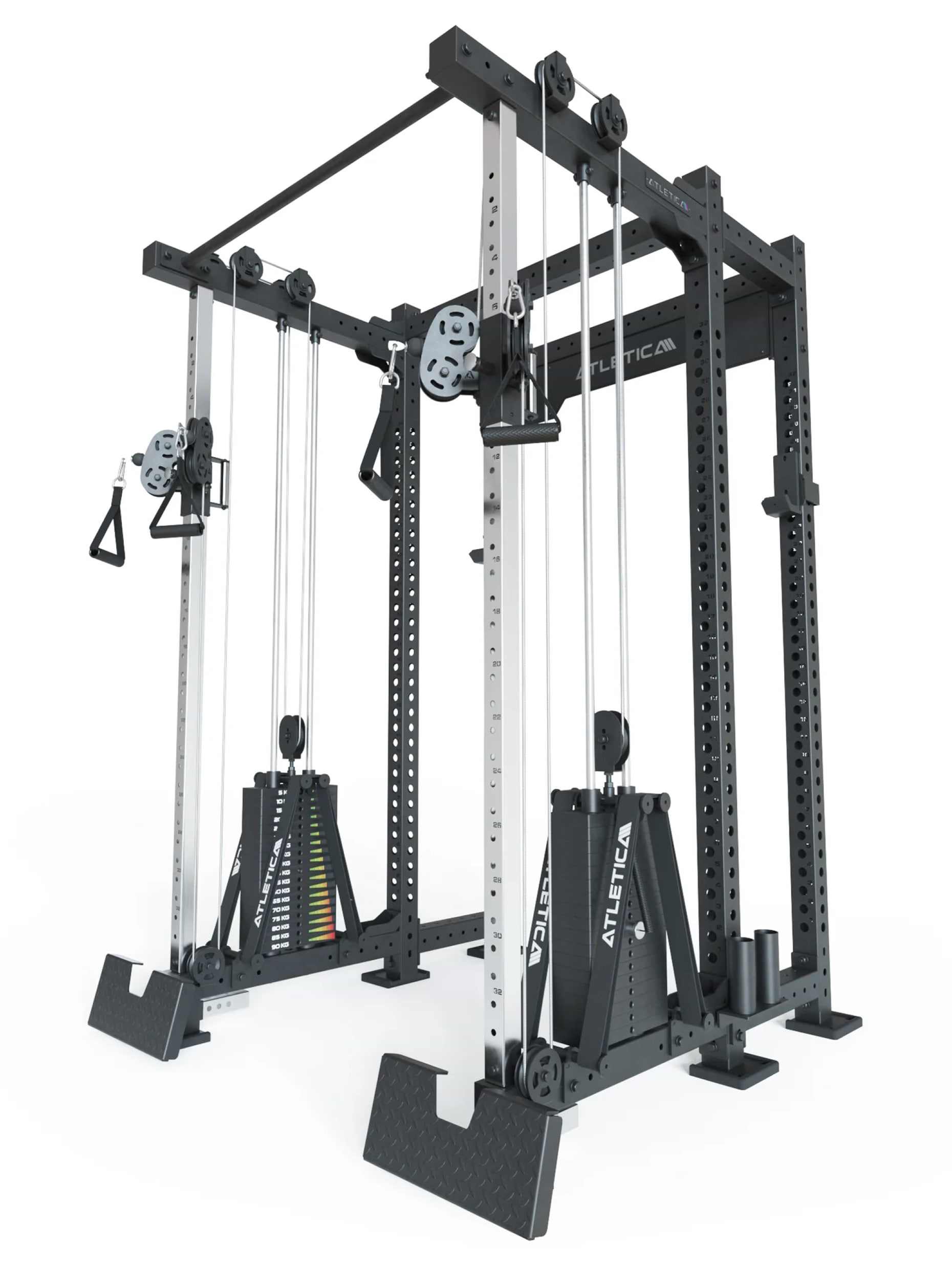 Full Rack R8-Duality Pro Shallow: Half Rack 42 cm Käfigtiefe | Doppelter Kabelzug | 2x90 kg Steckgewicht | Pull-Up Bar, J-Cups, Logo Plate, Bar Holder