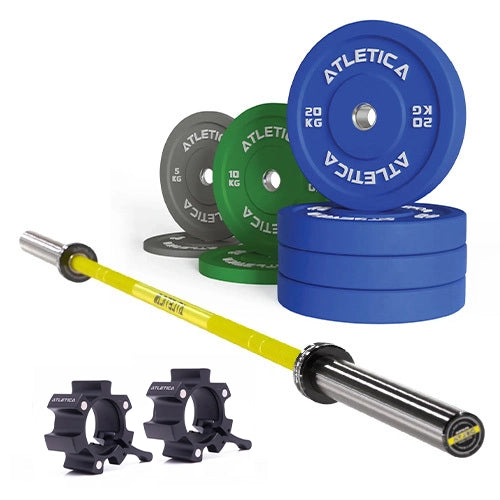Delta Langhantel Set - Hantelstange in Electric Yellow, Color Bumper Plates 90 kg und Aluminium Verschlüsse