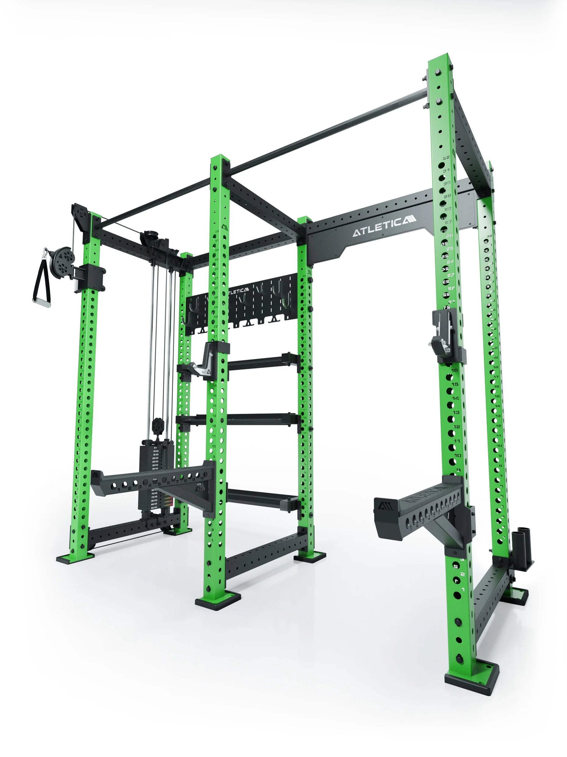 R8 Falcon L Power Rack in Electric Green – Kabelzug links mit Latzug, Klimmzugstange und Hantelscheibenablage