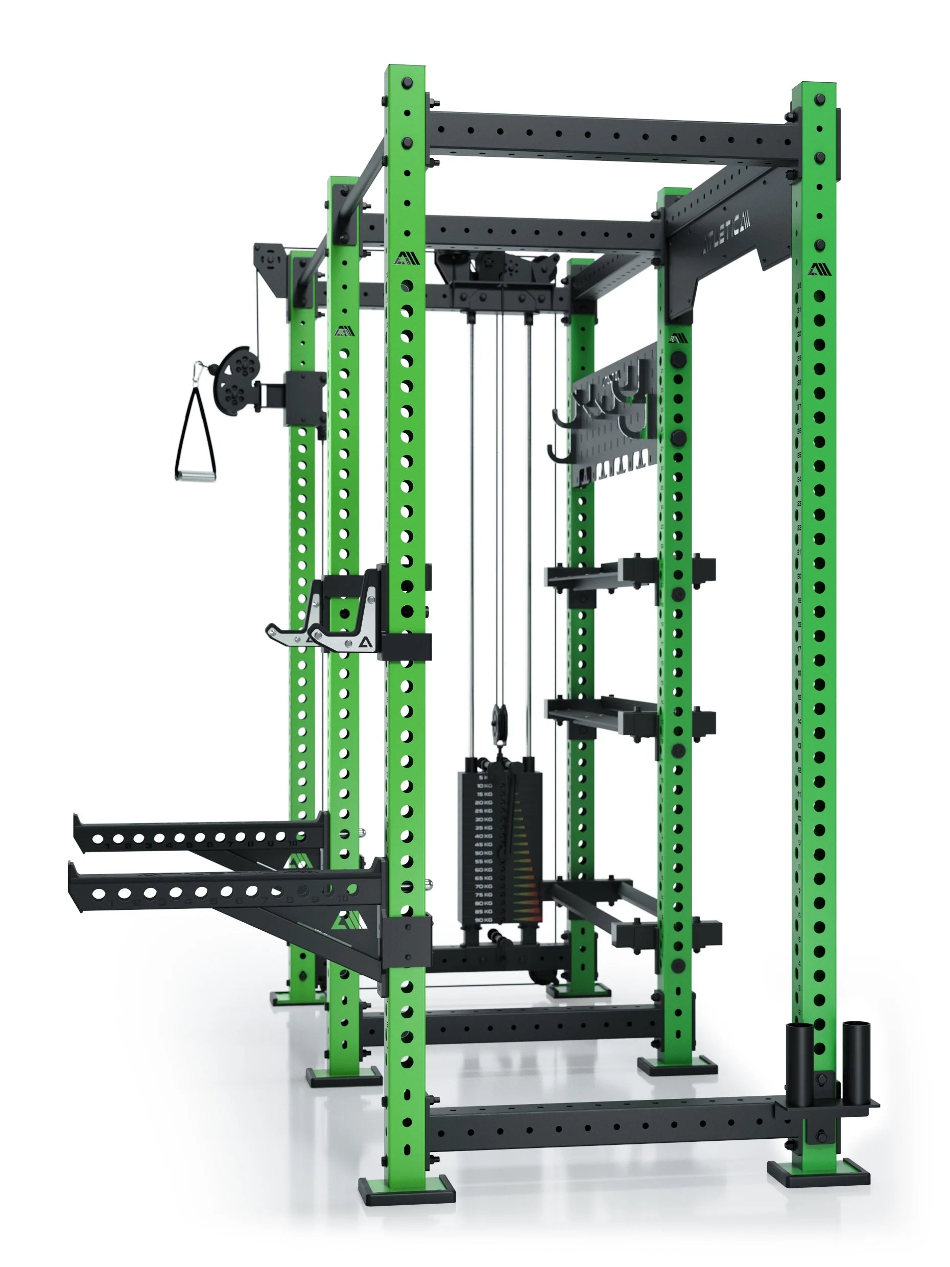 R8 Falcon L Power Rack in Electric Green – Detailansicht Kabelzug, Gewichtsblock und Hantelscheibenhalter