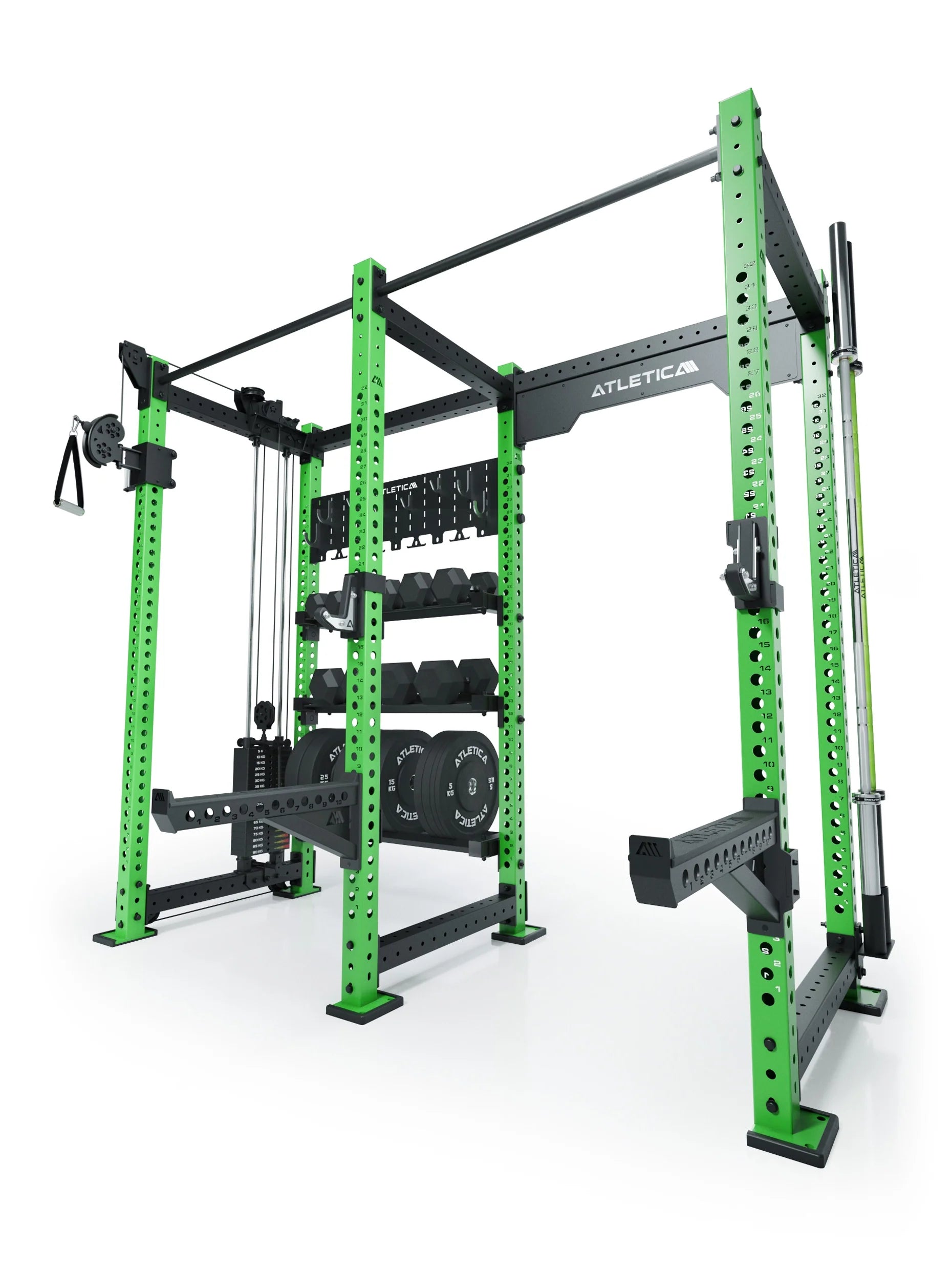 Atletica R8 Falcon L Power Rack in Electric Green mit Kabelzug, 95 kg Gewichtsblock, Klimmzugstangen und Storage-System für Hantelscheiben, Kurzhanteln und Langhanteln