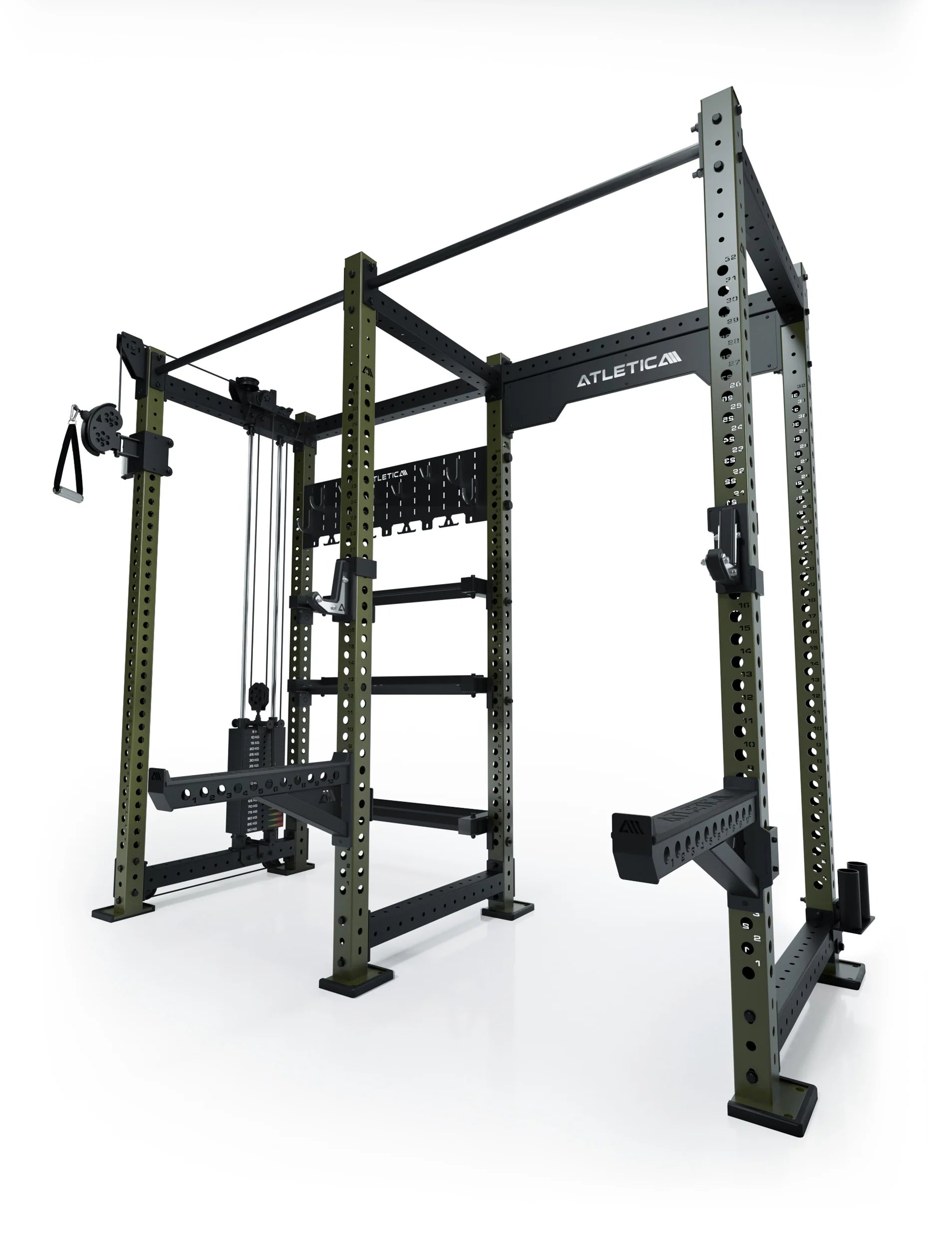 R8 Falcon L Power Rack in Military Green – Kabelzug links mit Latzug, Klimmzugstange und Hantelscheibenablage
