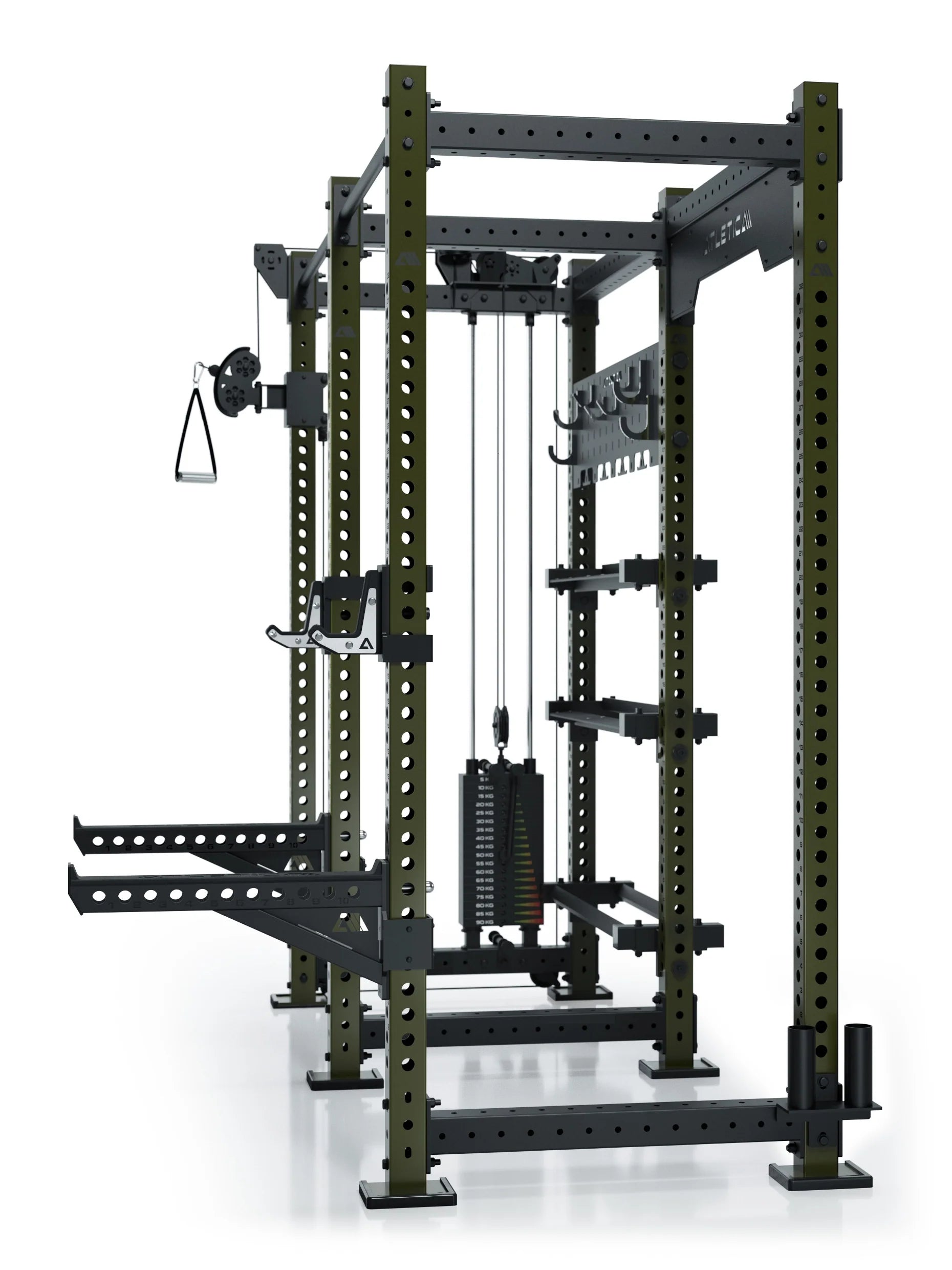 R8 Falcon L Power Rack in Military Green – Detailansicht Kabelzug, Gewichtsblock und Hantelscheibenhalter