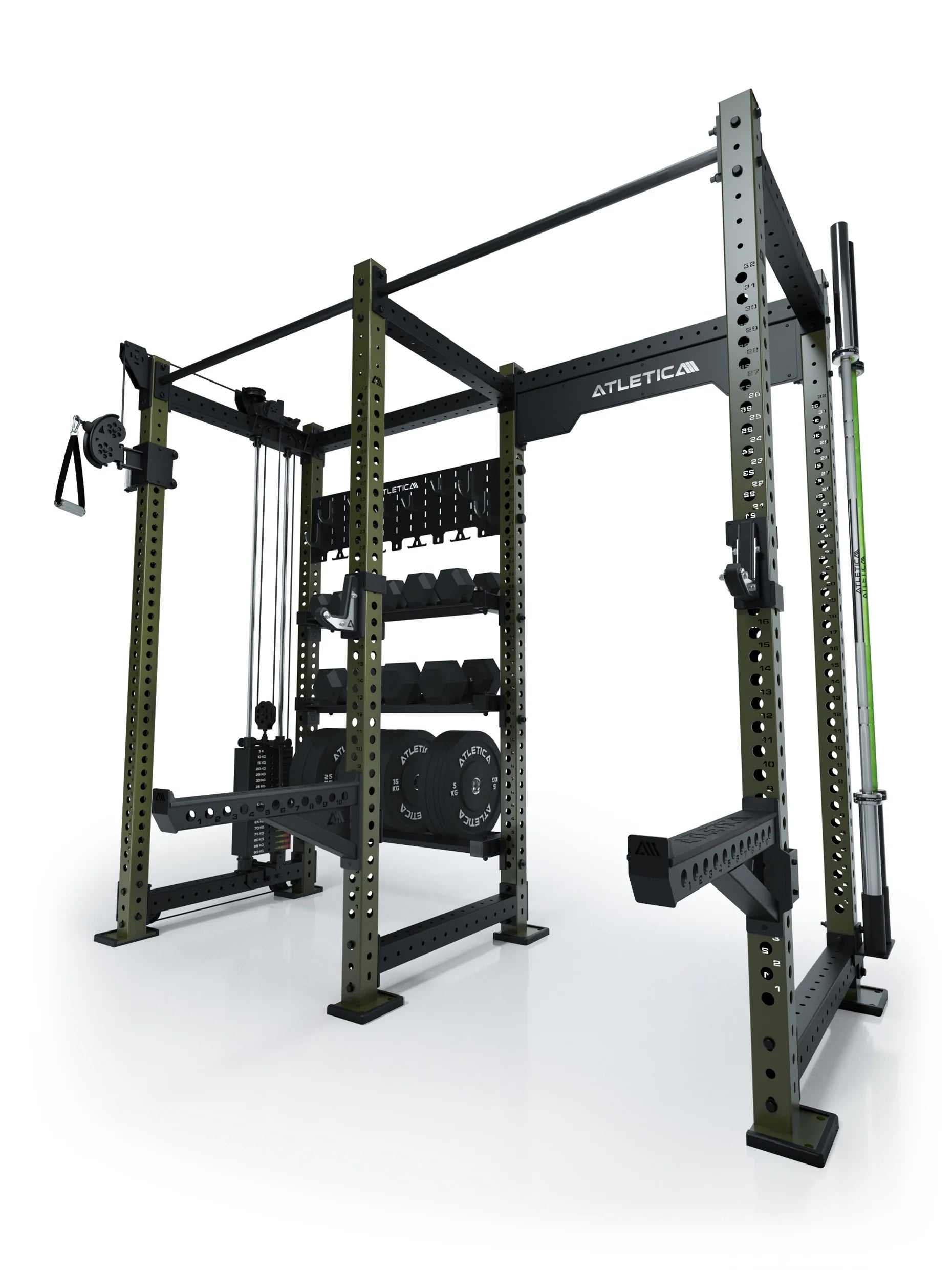 Atletica R8 Falcon L Power Rack in Military Green mit Kabelzug, 95 kg Gewichtsblock, Klimmzugstangen und Storage-System für Hantelscheiben, Kurzhanteln und Langhanteln