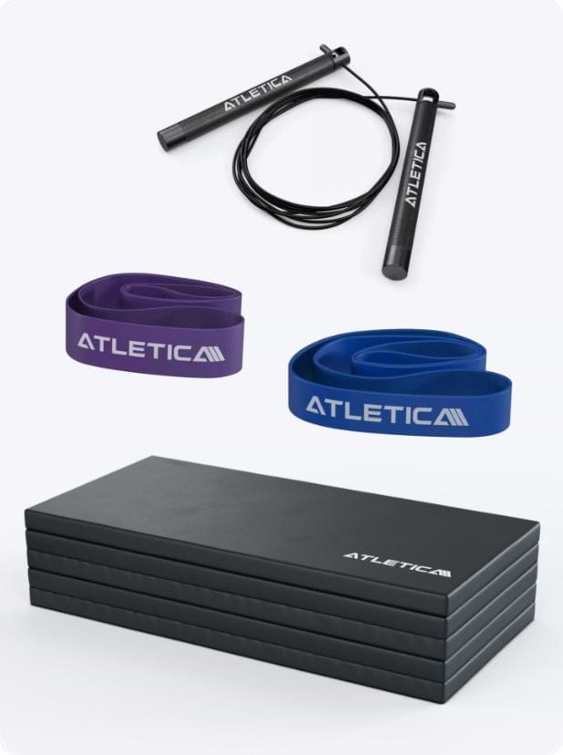 Warm Up Kollektion Fitness Equipment: Seil, Gymnastikmatte und Widerstandsbänder