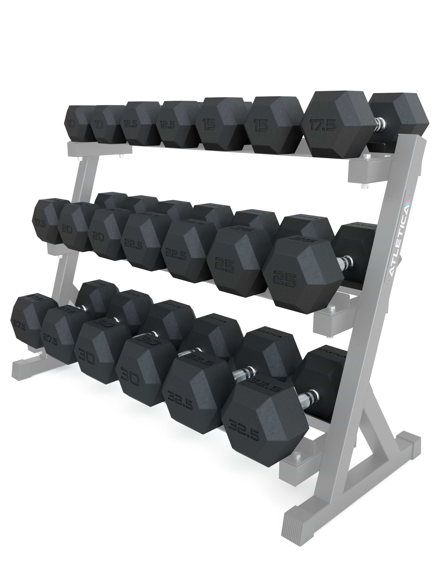Hexagon Kurzhantel Set 10–32,5 kg auf Kurzhantelablage im Fitnessstudio