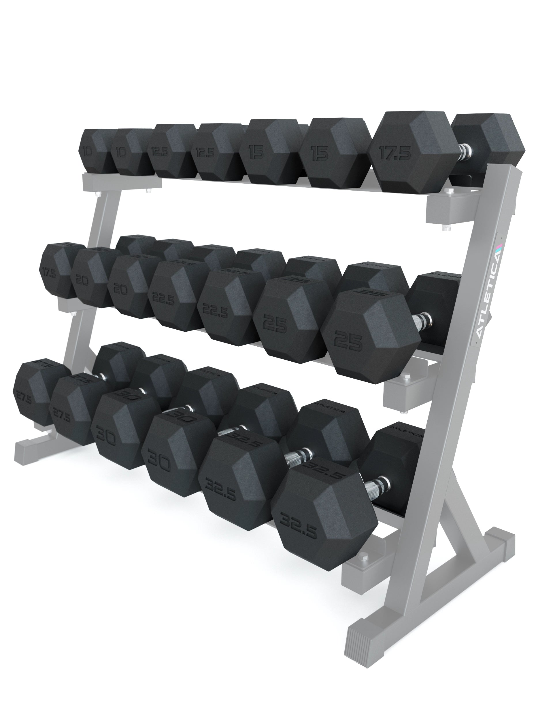 Hexagon Kurzhantel Set 10–32,5 kg auf Kurzhantelablage im Fitnessstudio