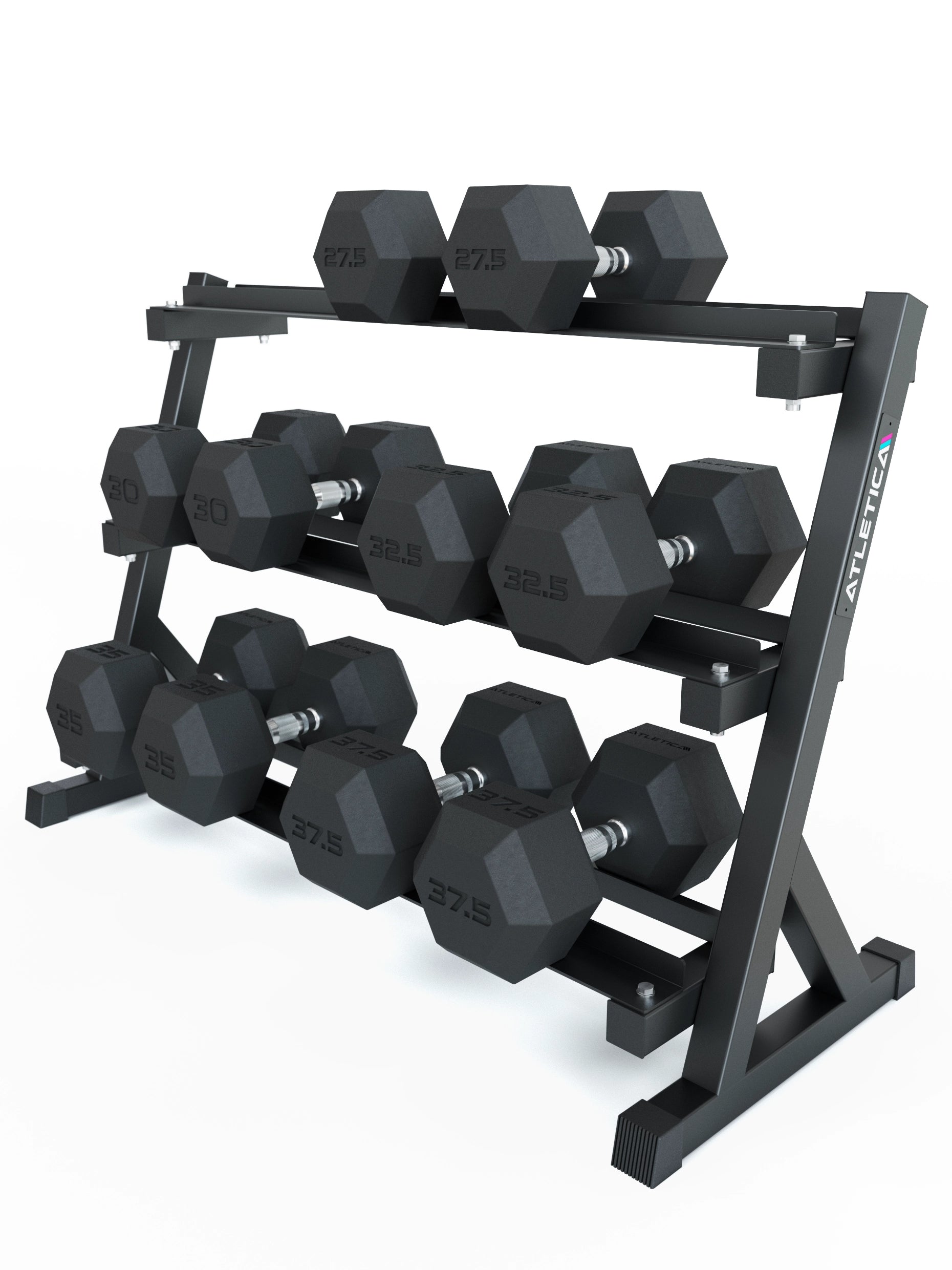 Hexagon Kurzhanteln Set 27.5-37.5 kg auf Kurzhantelablage von Atletica