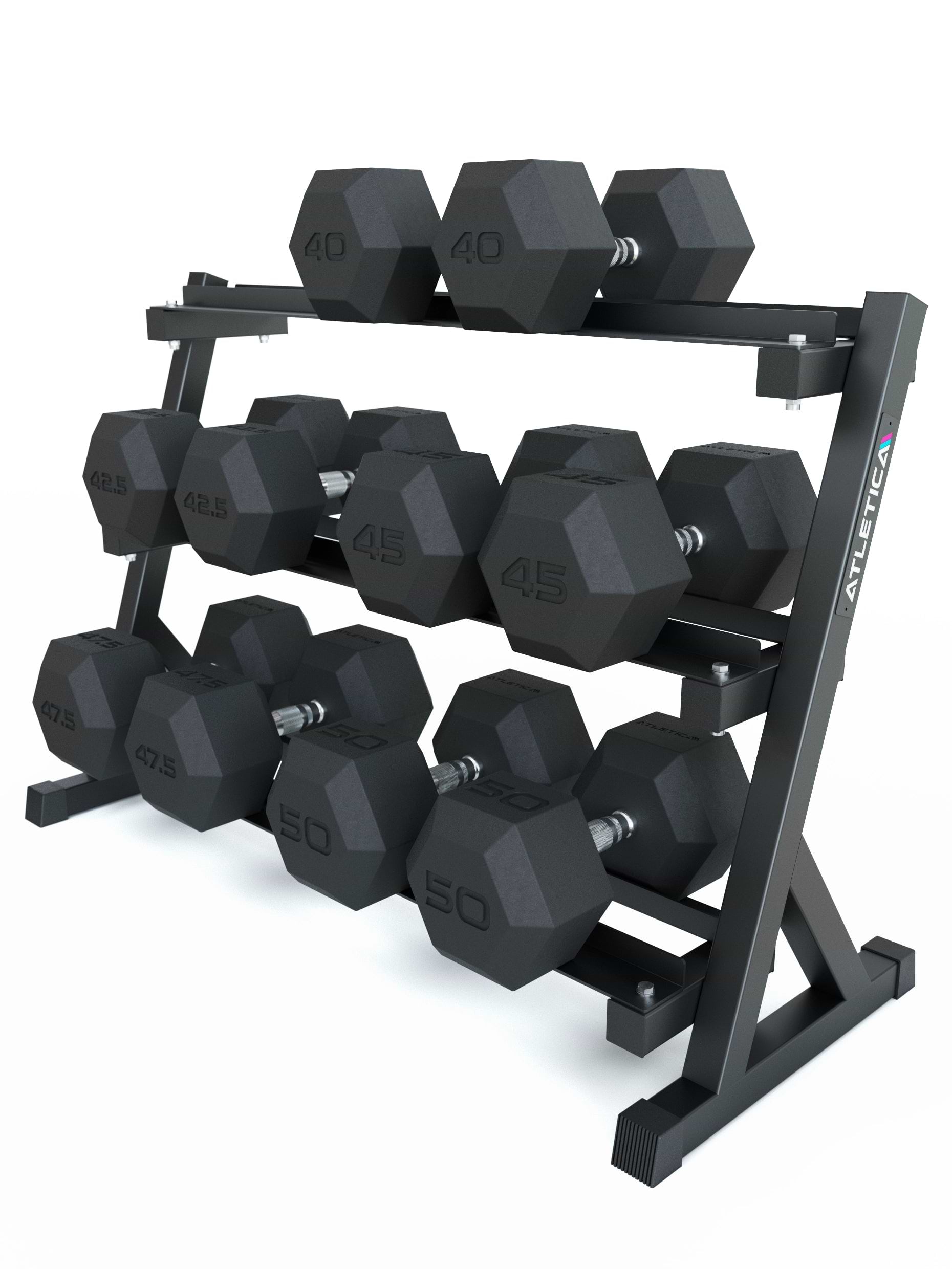 Hexagon Kurzhanteln Set 40-50 kg auf Kurzhantelablage von Atletica