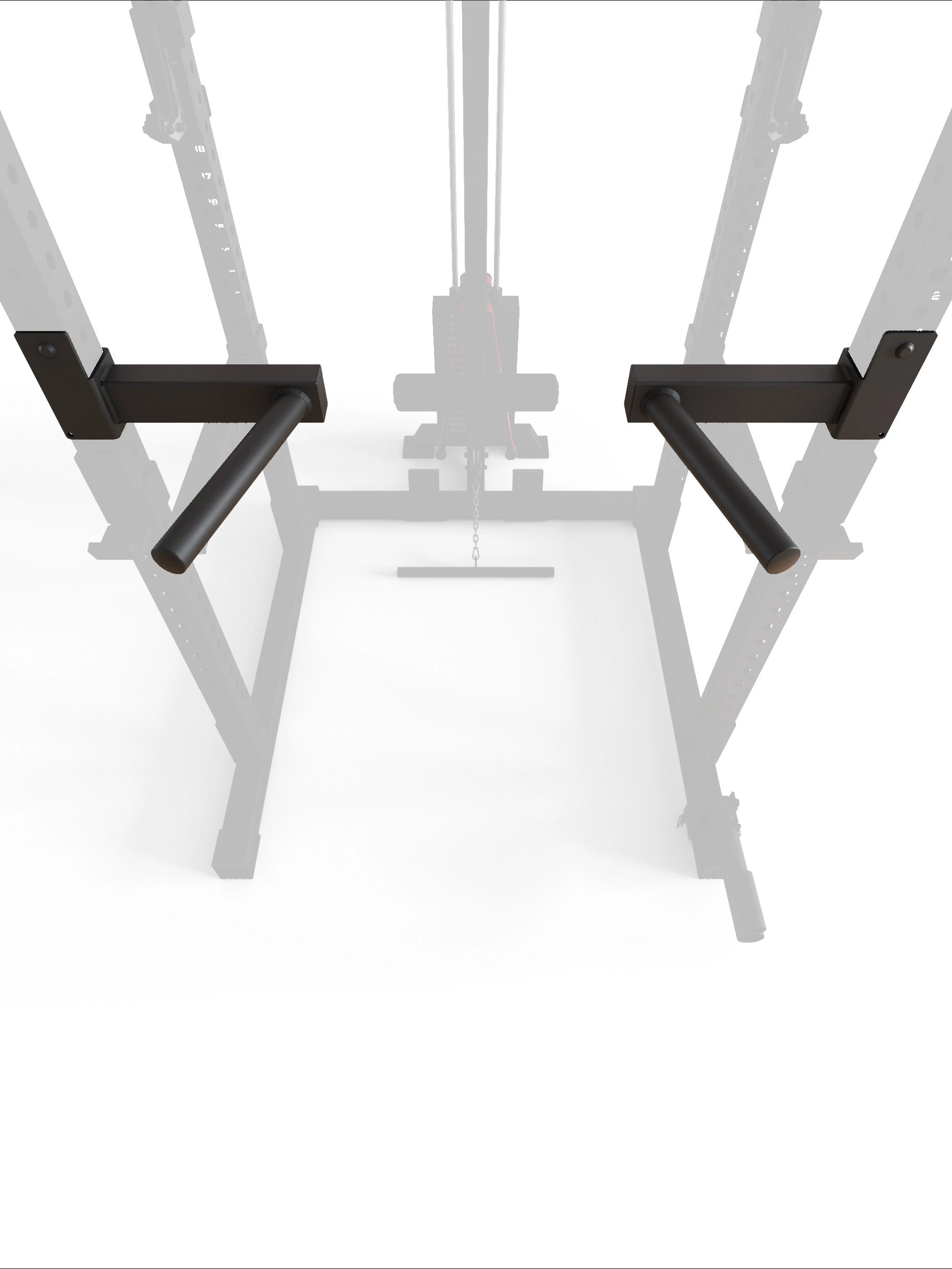 R7 Dip Station in Frontansicht am Rack befestigt | schwarze angewinkelte Dip Arme