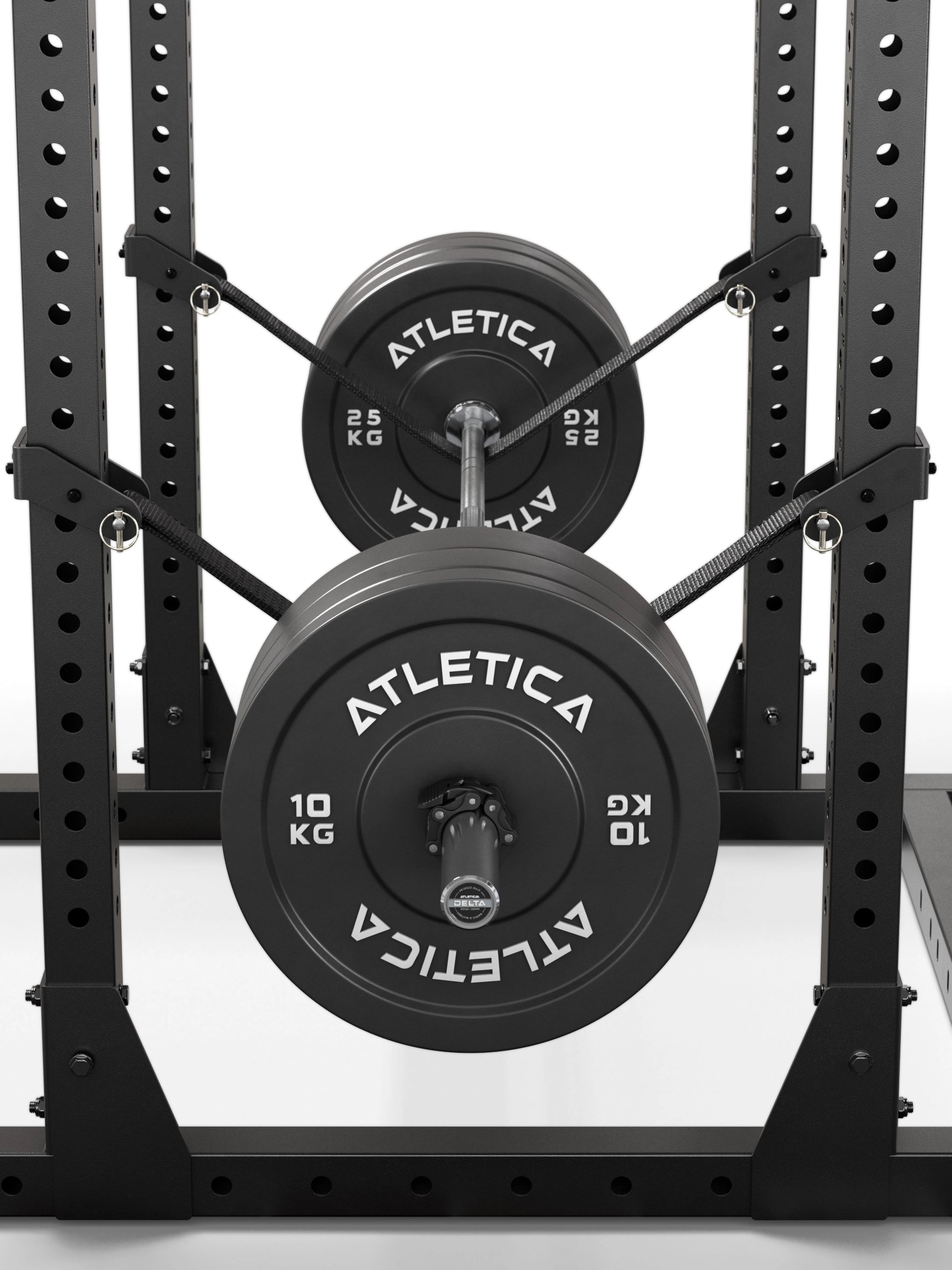 ATLETICA R7 Safety Straps am Power Rack mit beladener Hantelstange – Anwendungsansicht