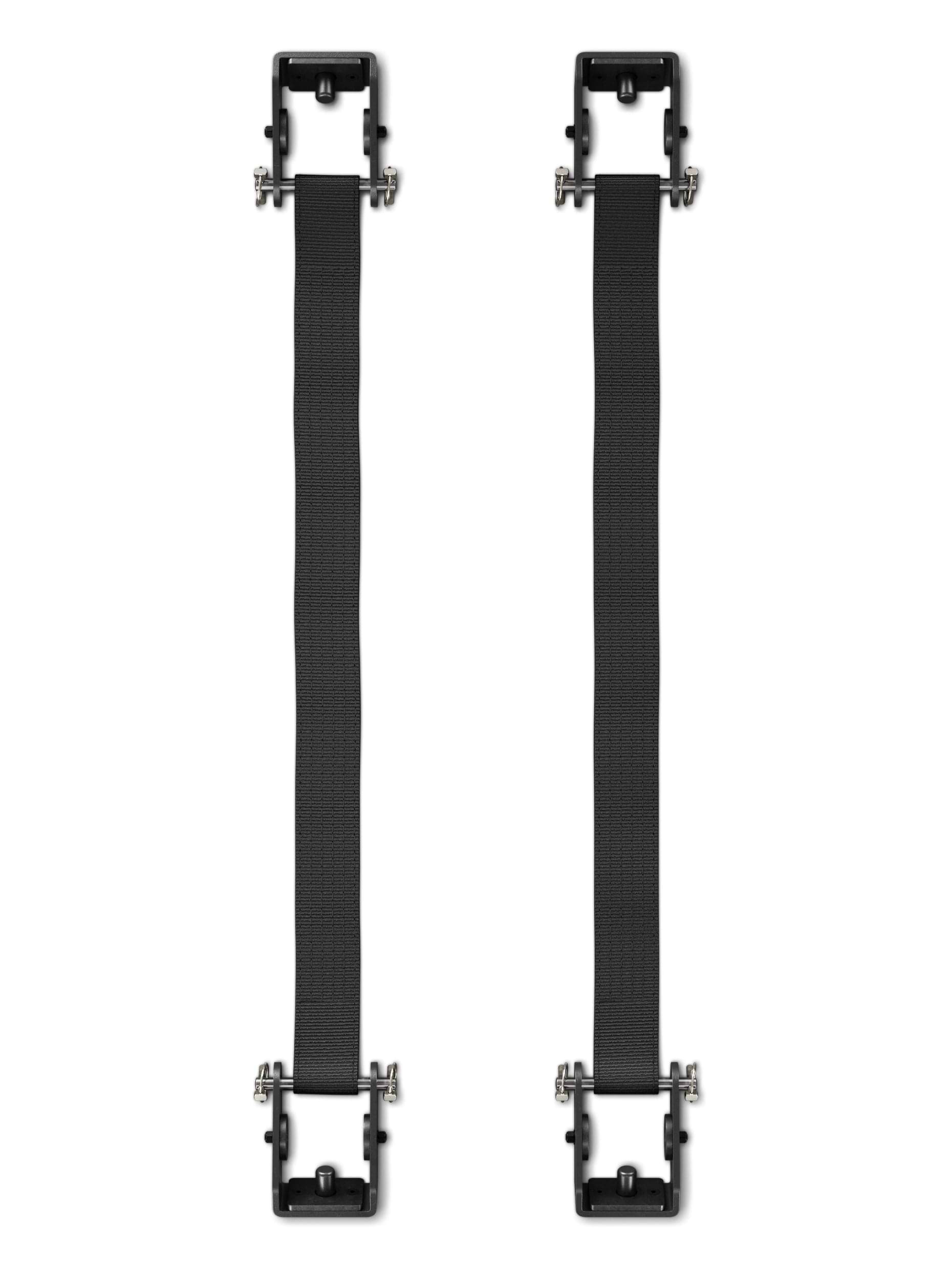 ATLETICA R7 Safety Straps – zwei schwarze Nylon-Gurte mit Metallenden, Vogelperspektive