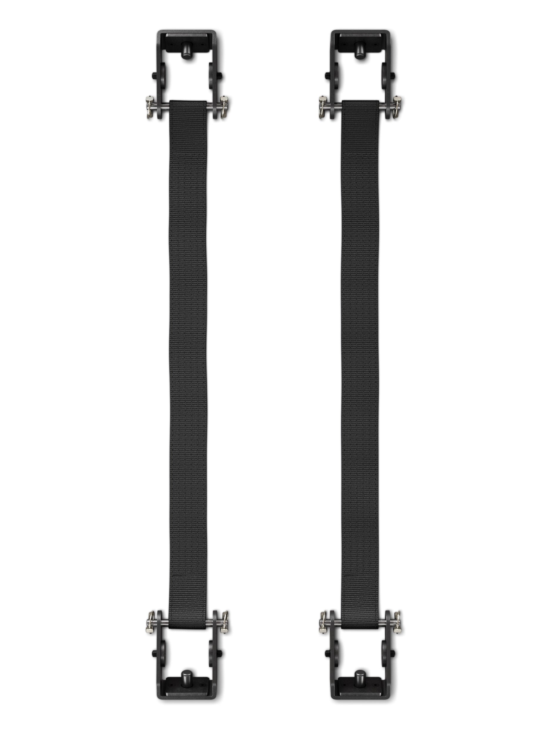 ATLETICA R7 Safety Straps – zwei schwarze Nylon-Gurte mit Metallenden, Vogelperspektive