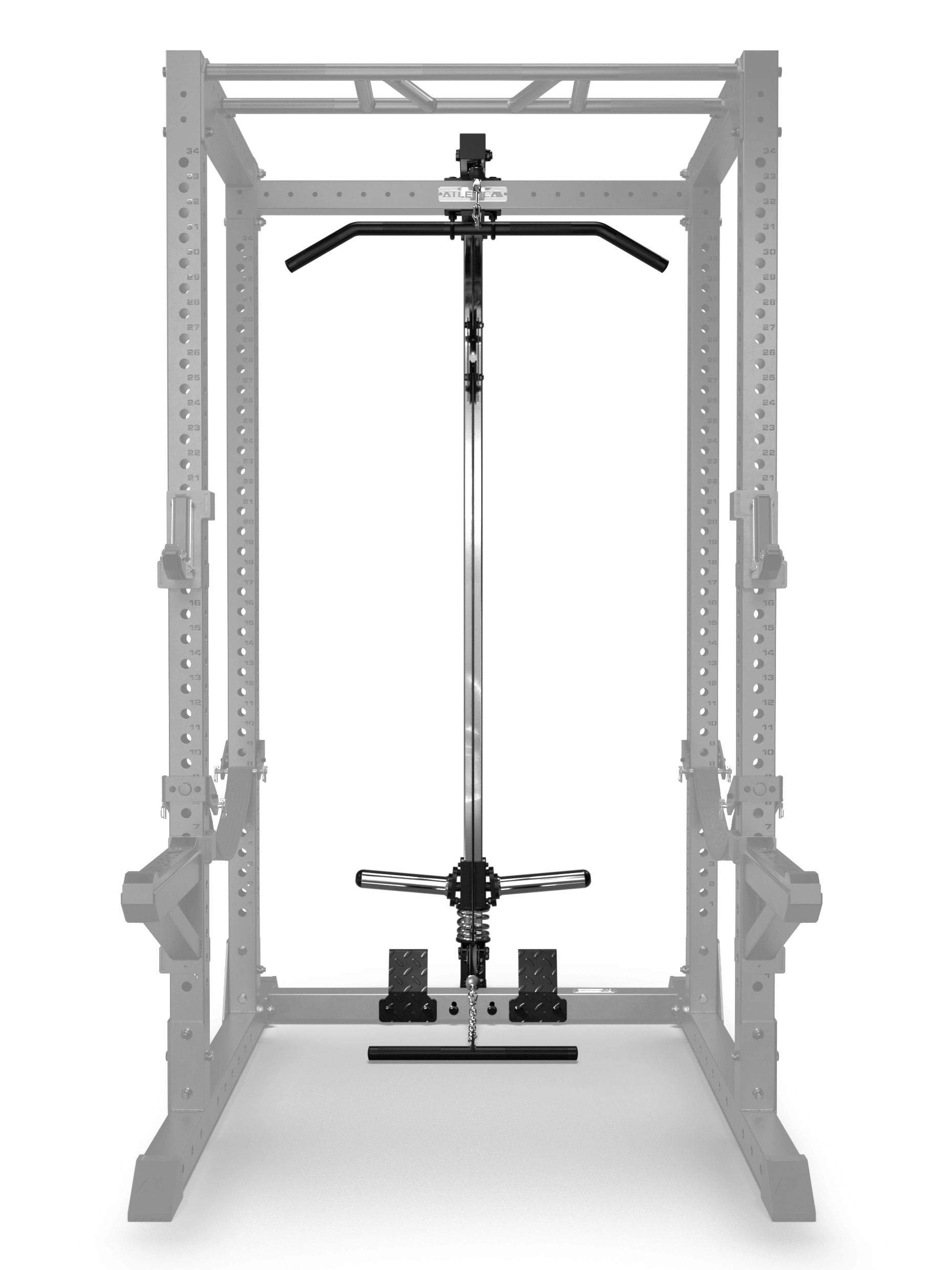 Frontansicht der R7 Latzug-Erweiterung Plate Load High Version, montiert an der Rückseite eines R7 Atletica Power Racks