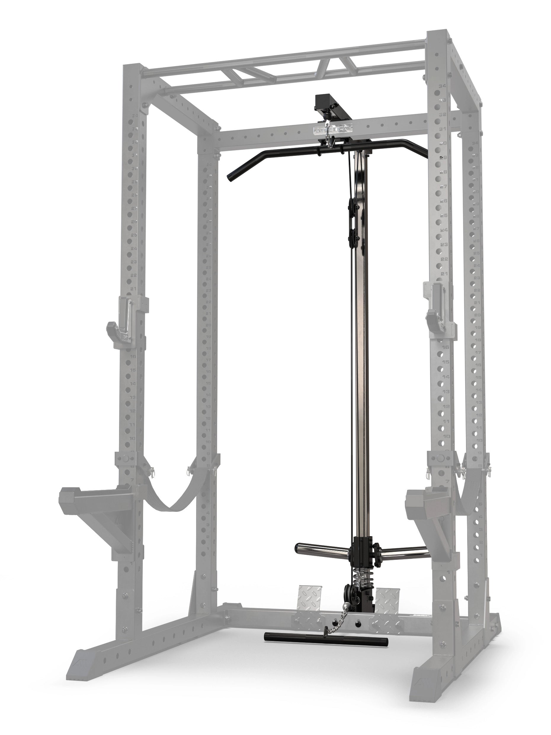 R7 Latzug Plate Load High Version, integriert in ein Atletica Power Rack