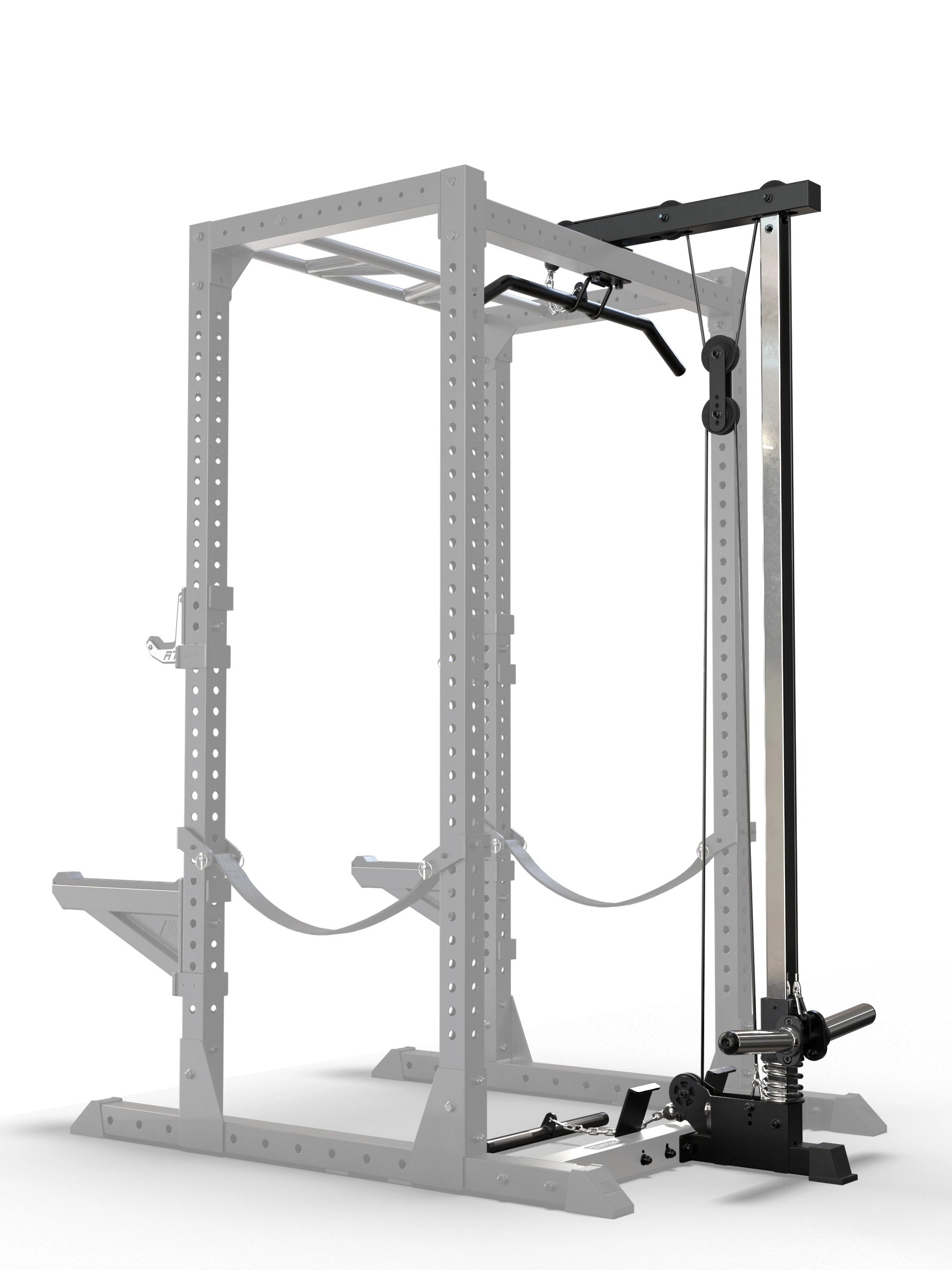 Atletica R7 Latzug Plate Load High Version, mit Hantelscheibenaufnahmen, Latzugstange und Kniepolster - Frontansicht