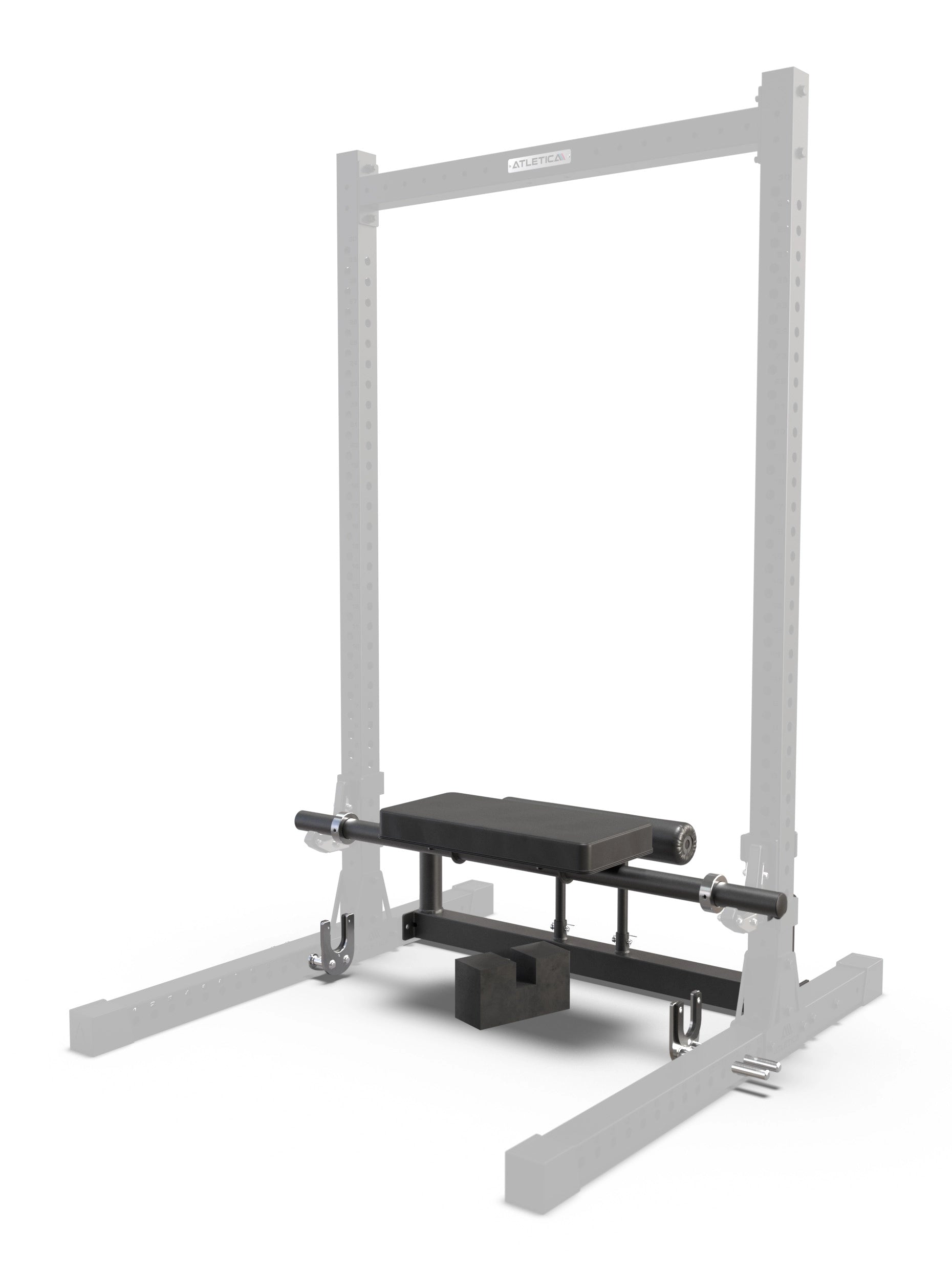 Hip Thrust Attachment am ATLETICA Power Rack montiert – seitliche Befestigung an den Rack-Profilen