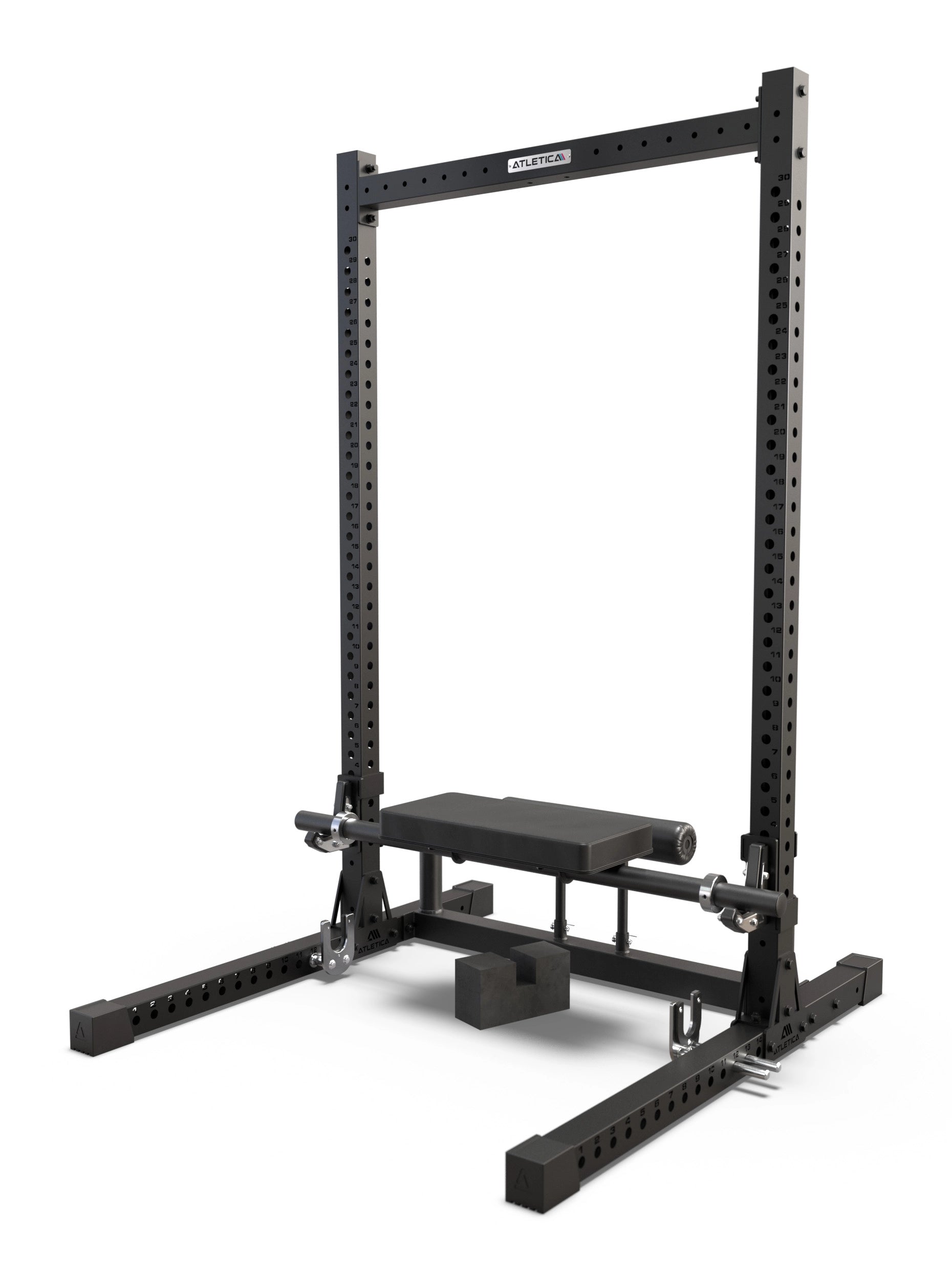 ATLETICA Squat Rack mit Hip Thrust Attachment – einsatzbereit für Glute Bridges und Hüftheben