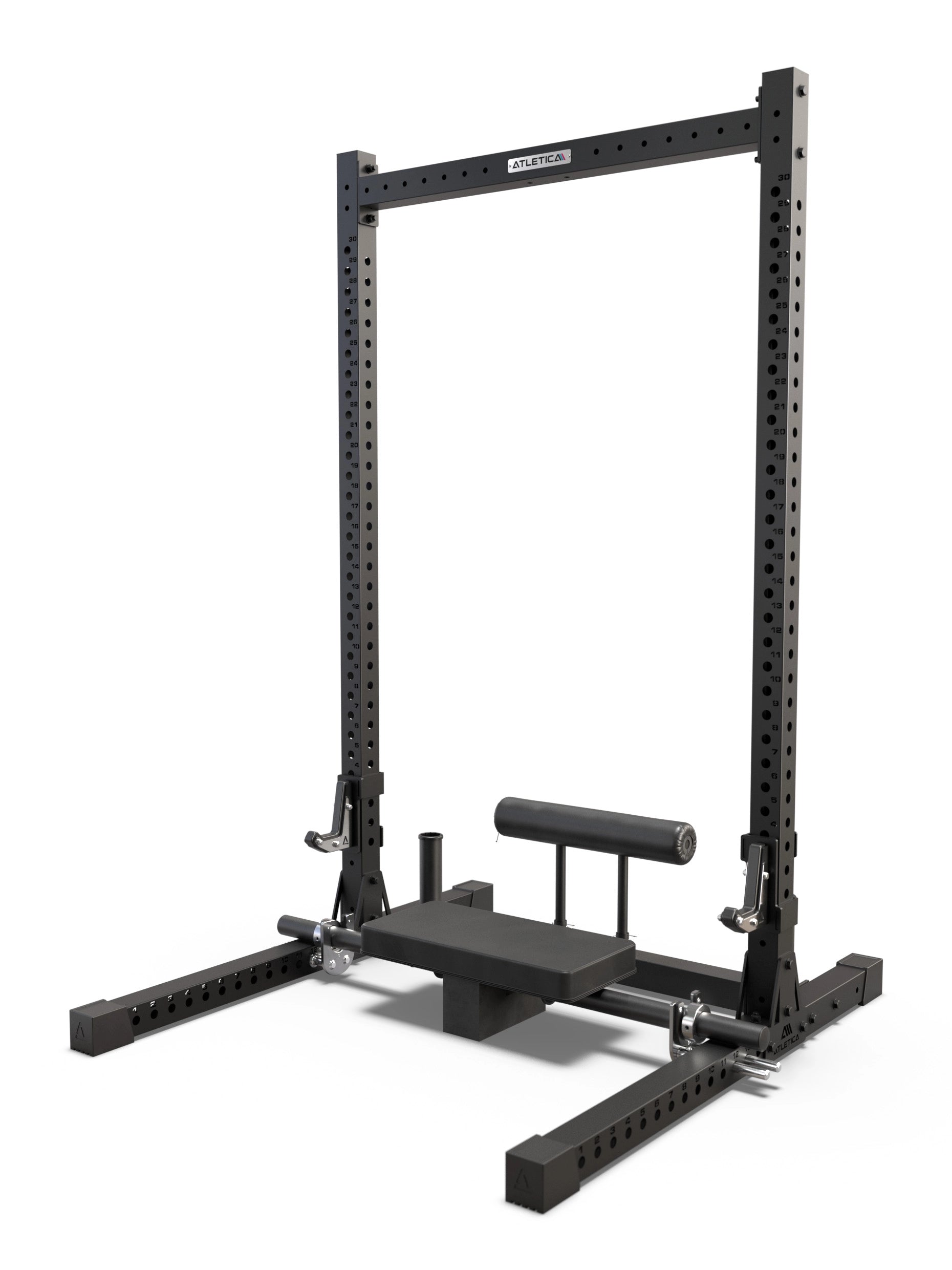 ATLETICA R7 Squat Rack mit Hip Thrust Attachment – einsatzbereit für Glute Bridges und Hüftheben