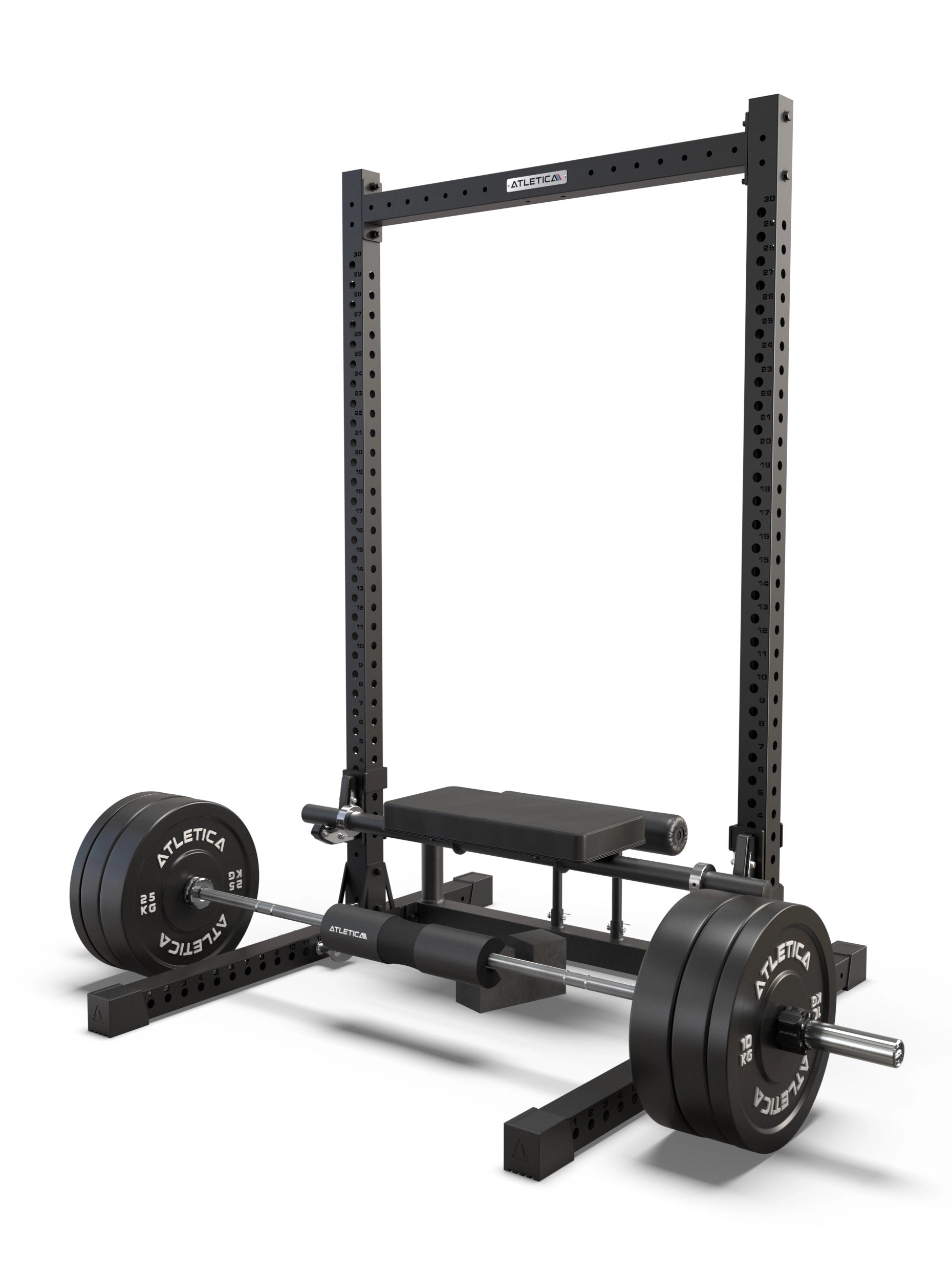 Hip Thrust Training im ATLETICA Squat Rack mit Langhantel und 25 kg Bumper Plates