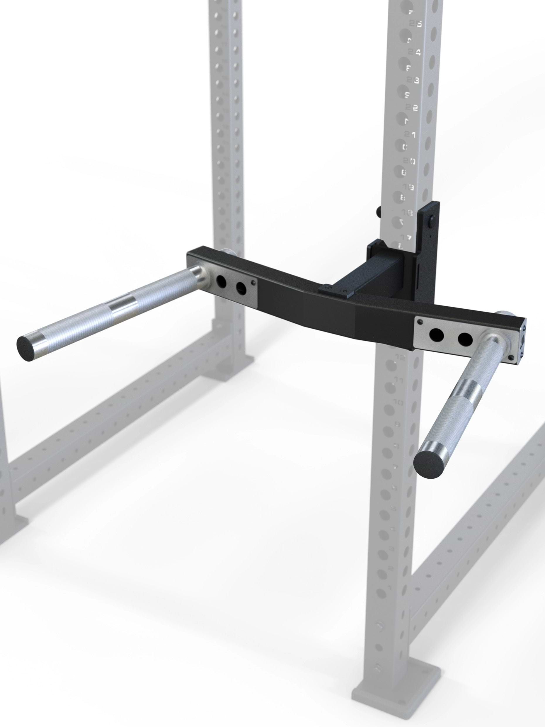 Dip-Barren für R8 Power Racks | 3 verschiedene Griffbreiten von 29-70cm | 30° Griffwinkel | angenehme Rändelung | Klappmechanismus für sicheren Halt | 3mm Stahl | 350kg Traglast