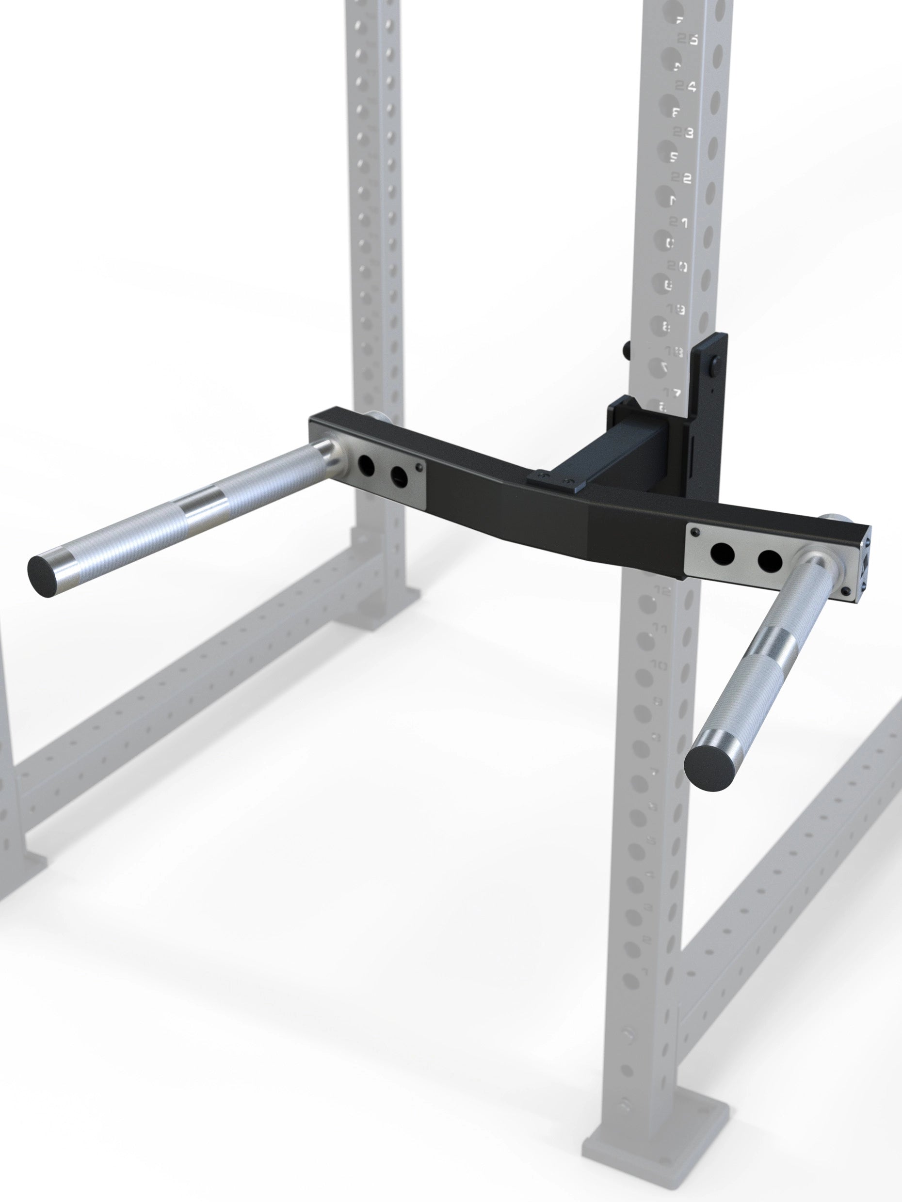Dip-Barren für R8 Power Racks | 3 verschiedene Griffbreiten von 29-70cm | 30° Griffwinkel | angenehme Rändelung | Klappmechanismus für sicheren Halt | 3mm Stahl | 350kg Traglast