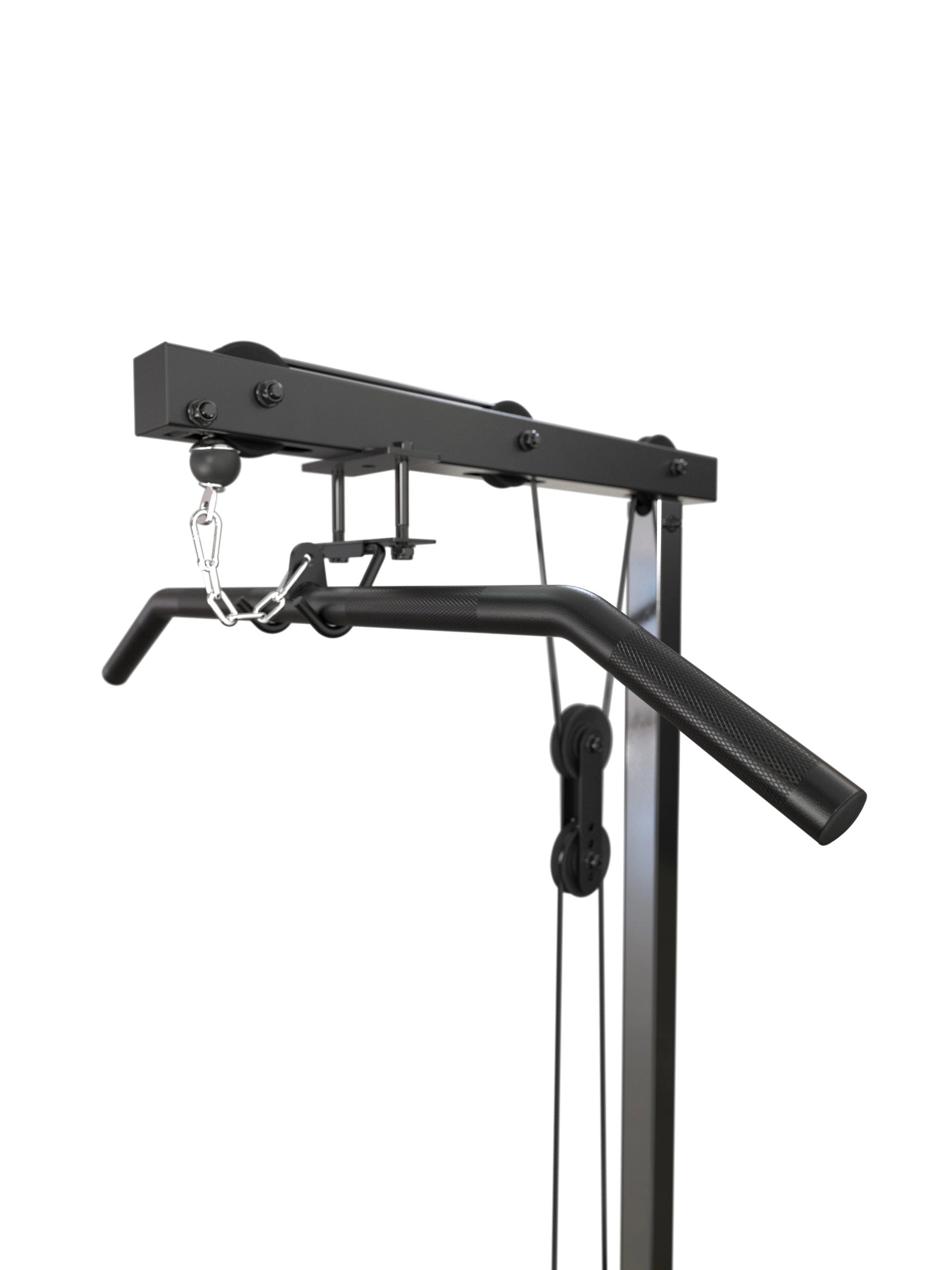 Atletica R7 Latzug Plate Load Low Version- Nahaufnahme der oberen Umlenkrolle und Latzugstange