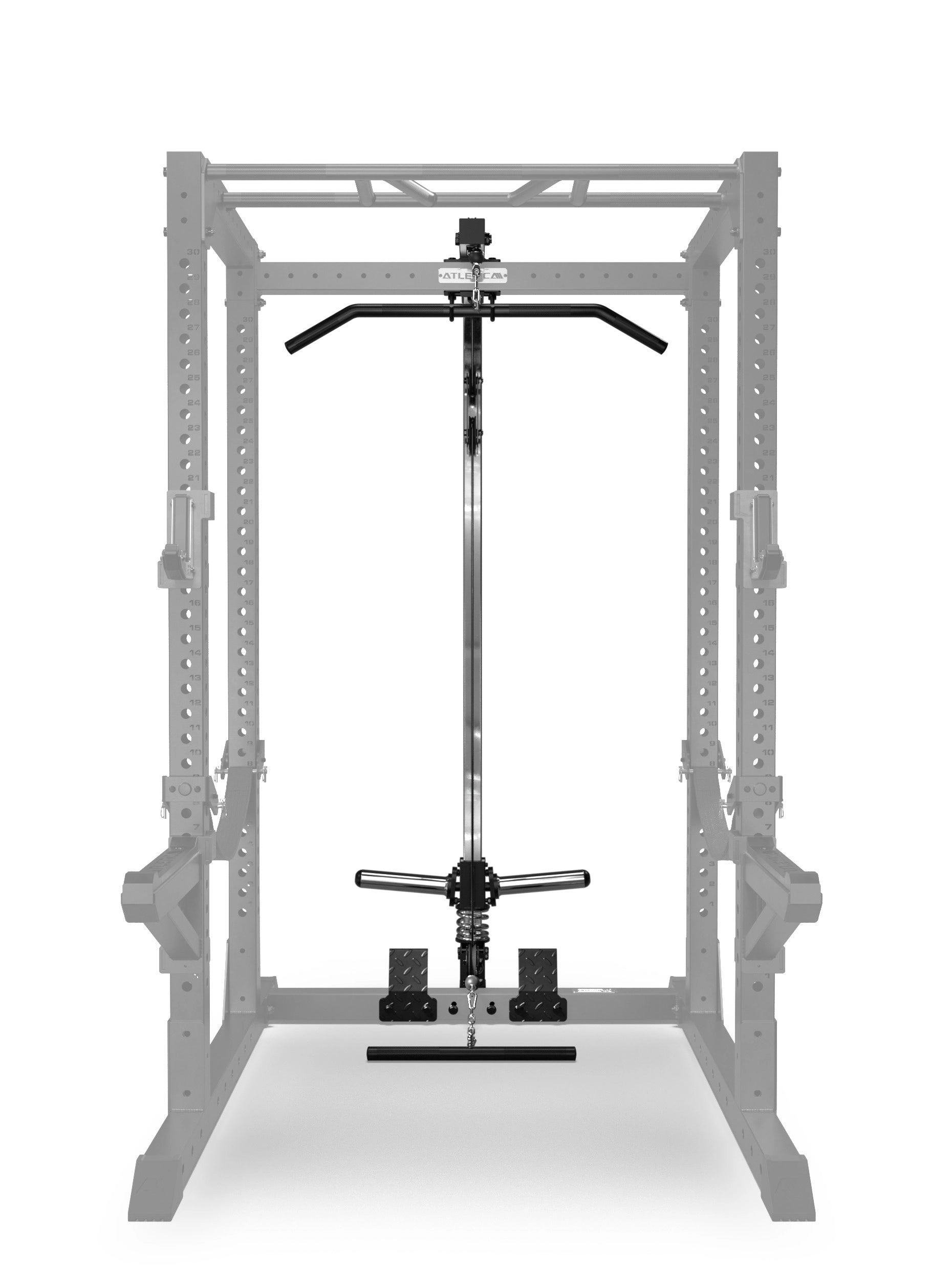 Frontansicht der R7 Latzug-Erweiterung Plate Load Low Version, montiert an der Rückseite eines R7 Atletica Power Racks