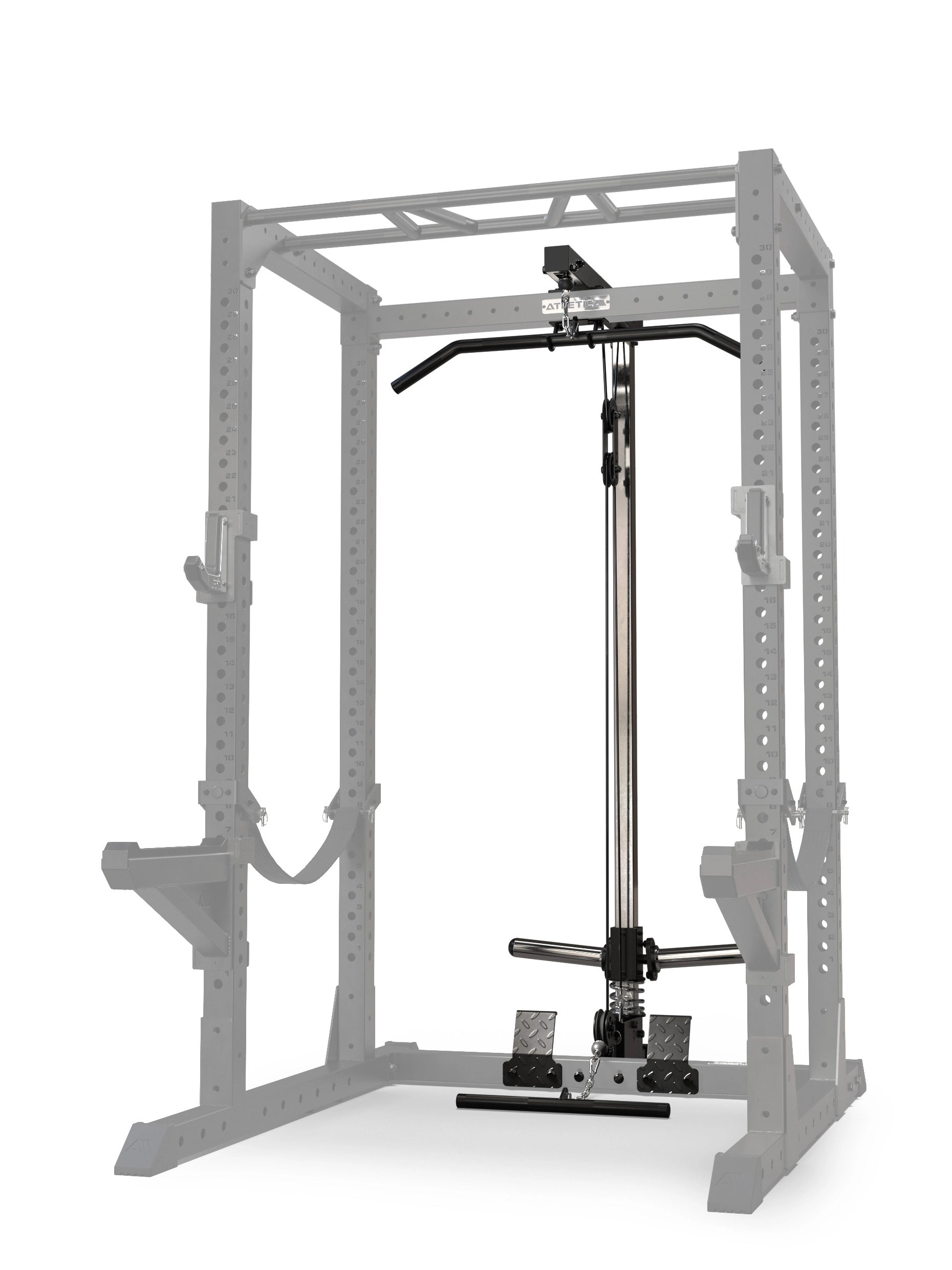 R7 Latzug Plate Load Low Version, integriert in ein Atletica Power Rack