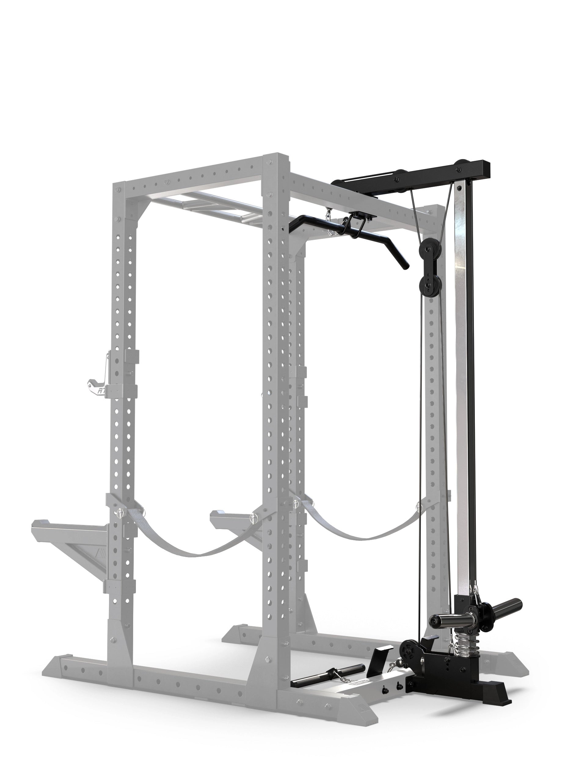 R7 Latzug Plate Load Low Version: Seitenansicht der Erweiterung, installiert am hinteren Teil eines Power Racks