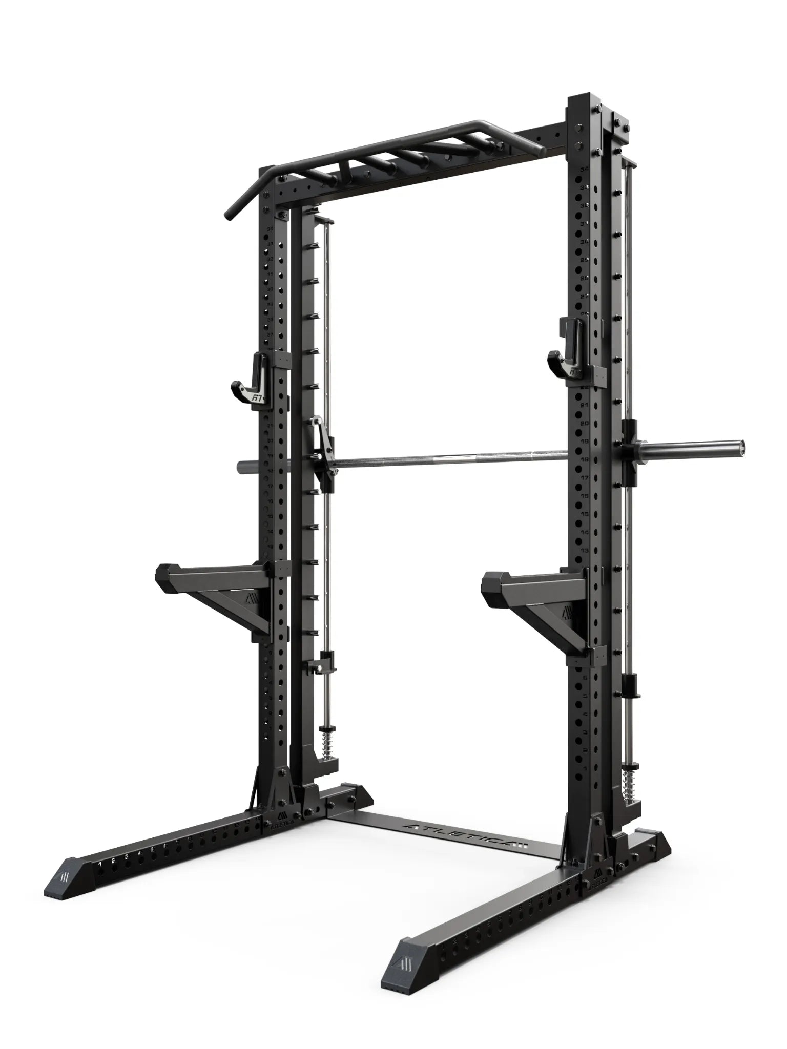 R7 Saber – Gesamtansicht mit Smith Machine, Multigrip-Klimmzugstange, J-Hooks und Safety Spotter Armen