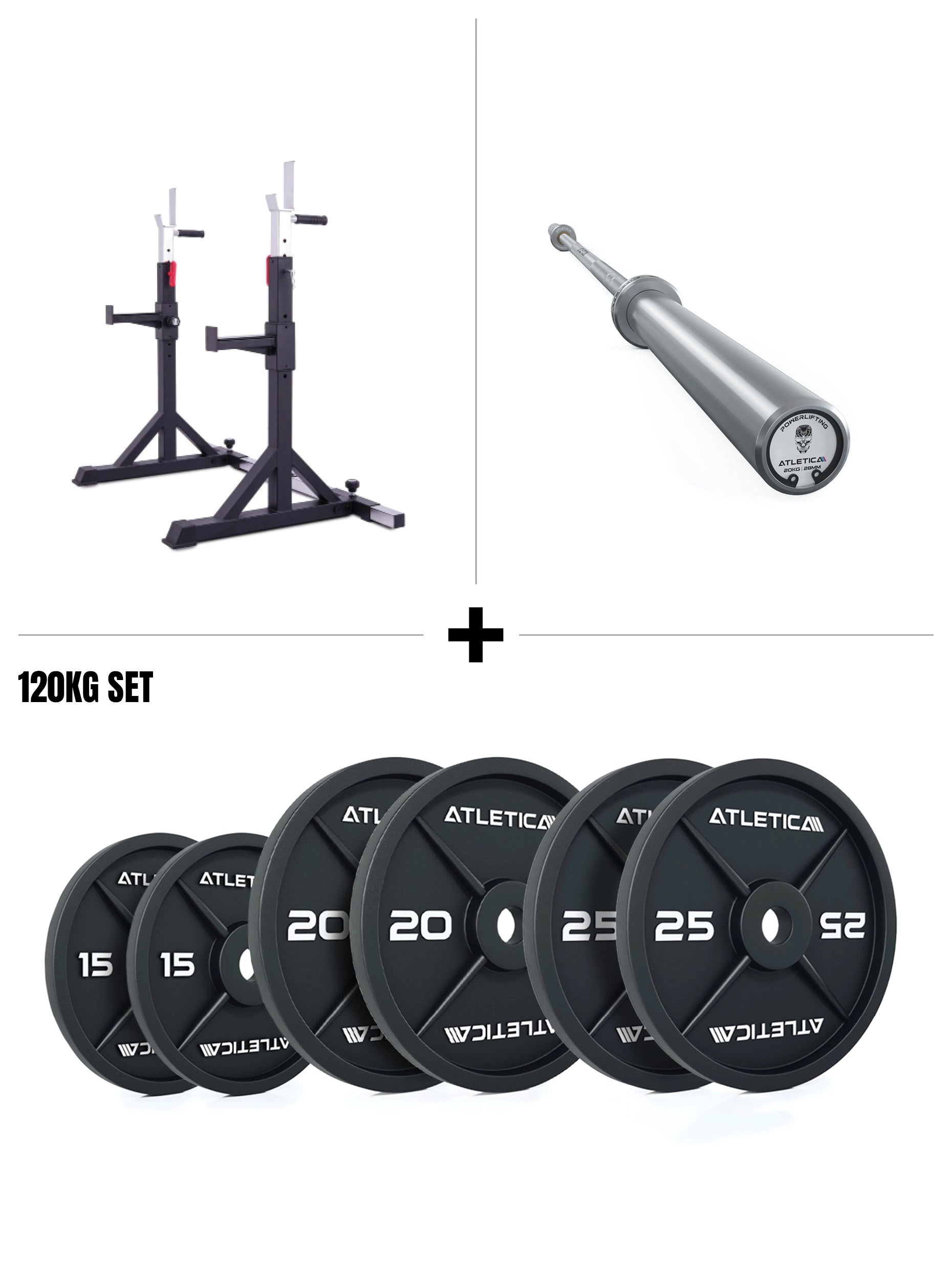 Free Stands Set mit Rack, Langhantel und 120kg Iron Plates 