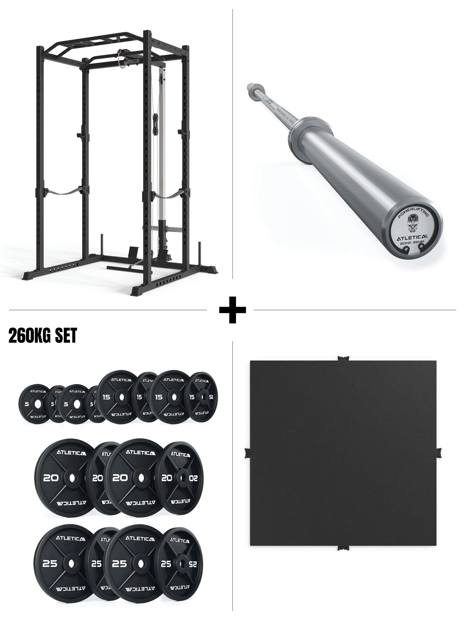 Power Rack Set mit Langhantel, 260kg Iron Plates und Bodenschutz