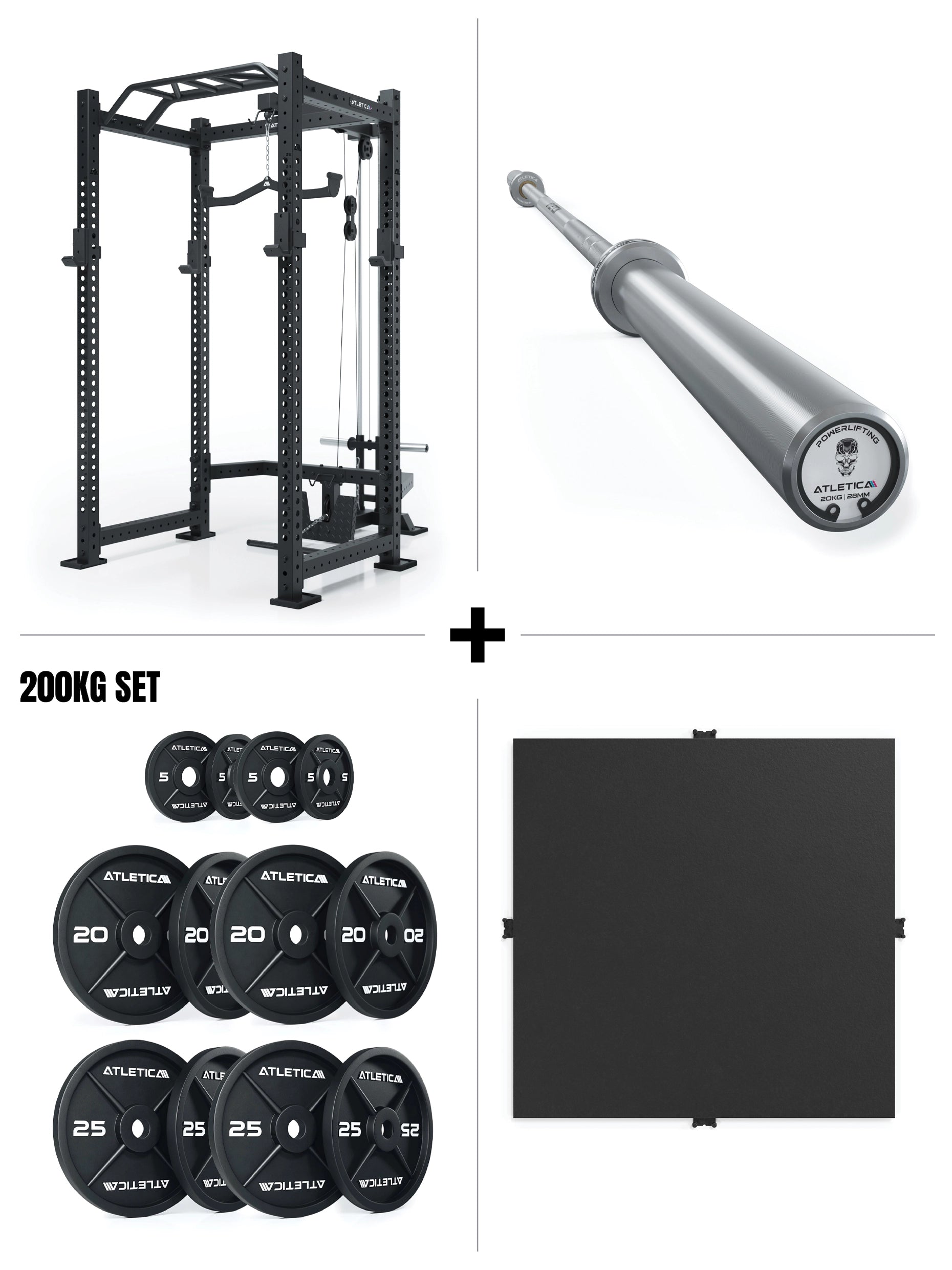 Power Rack Set mit Langhantel, 200kg Iron Plates und Bodenschutz